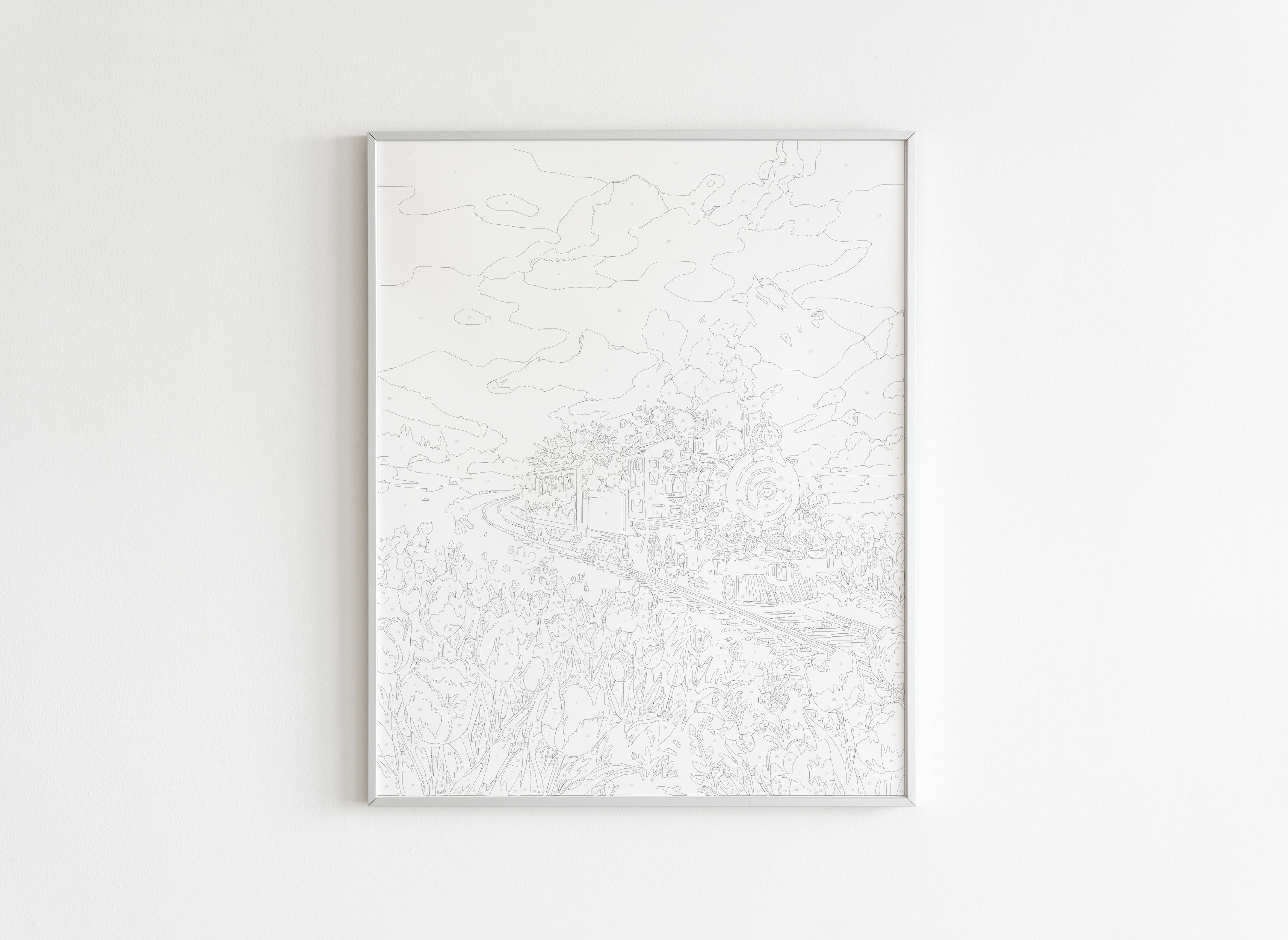 Toile avant peinture - Kit peinture par numéros nature, train fleuri en montagne