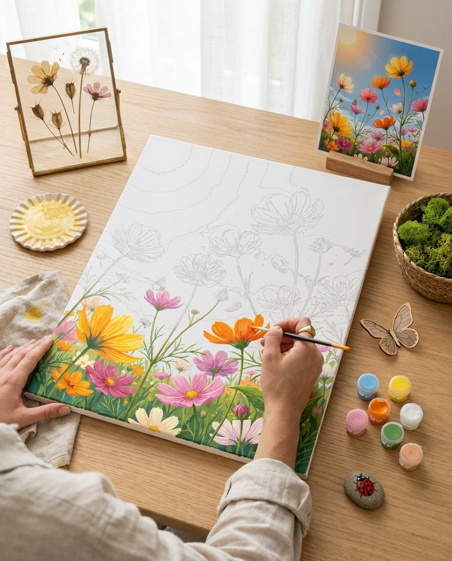 Personne qui peint une Peinture Numeros Champ Fleurs Ensoleillé