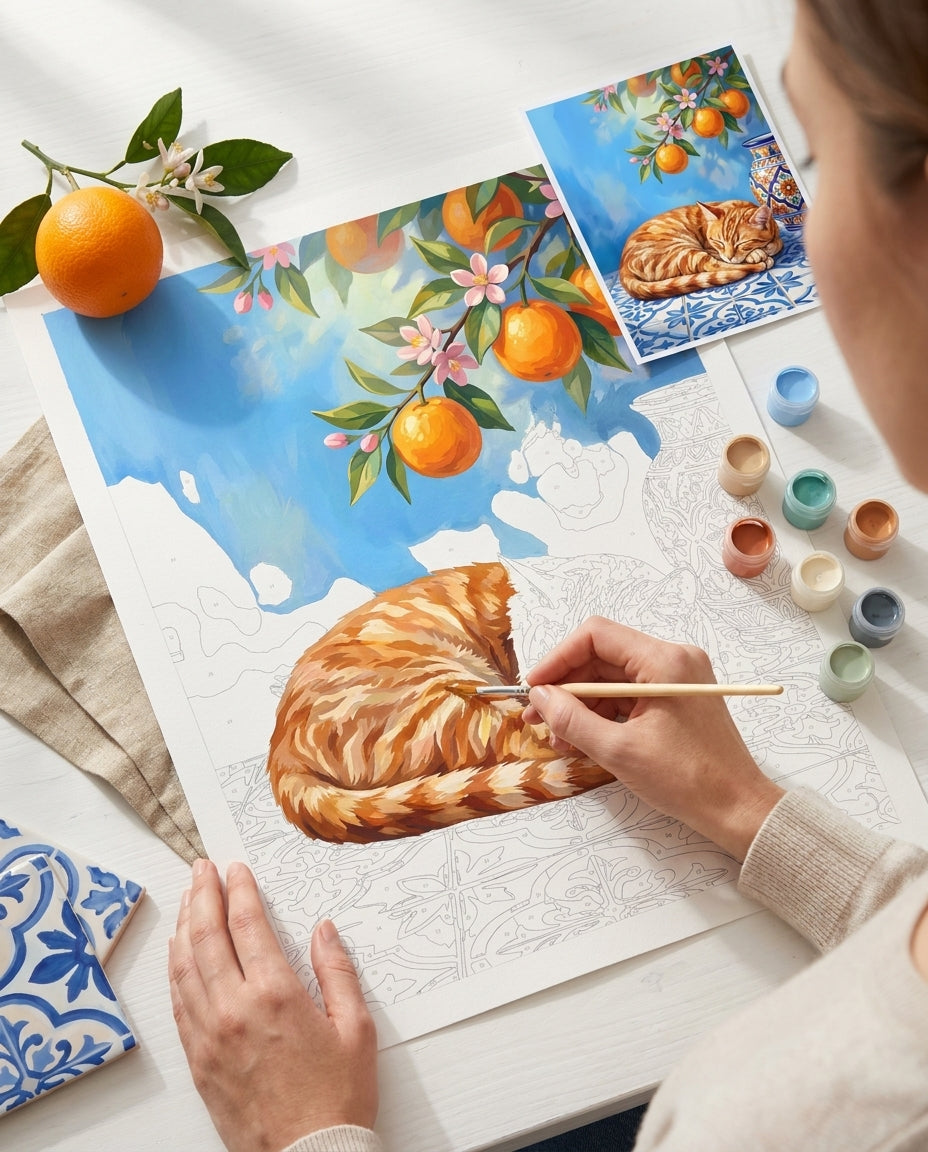 Personne qui peint une Peinture Numeros Chat Dormant Méditerranéen