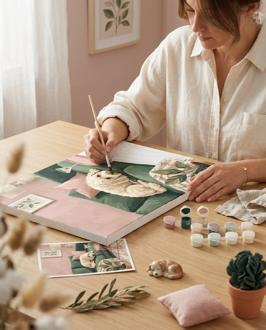 Personne qui peint une Peinture Numeros Chien sur canapé