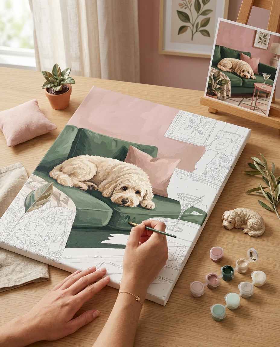 Personne qui peint une Peinture Numeros Chien sur canapé
