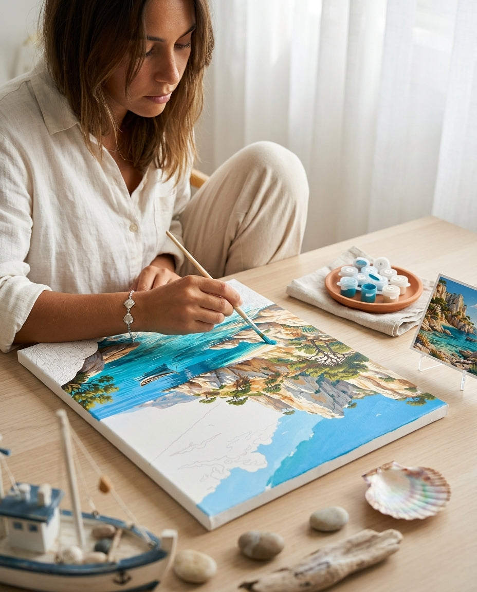 Personne qui peint une Peinture Numeros Crique Turquoise Ensoleillée