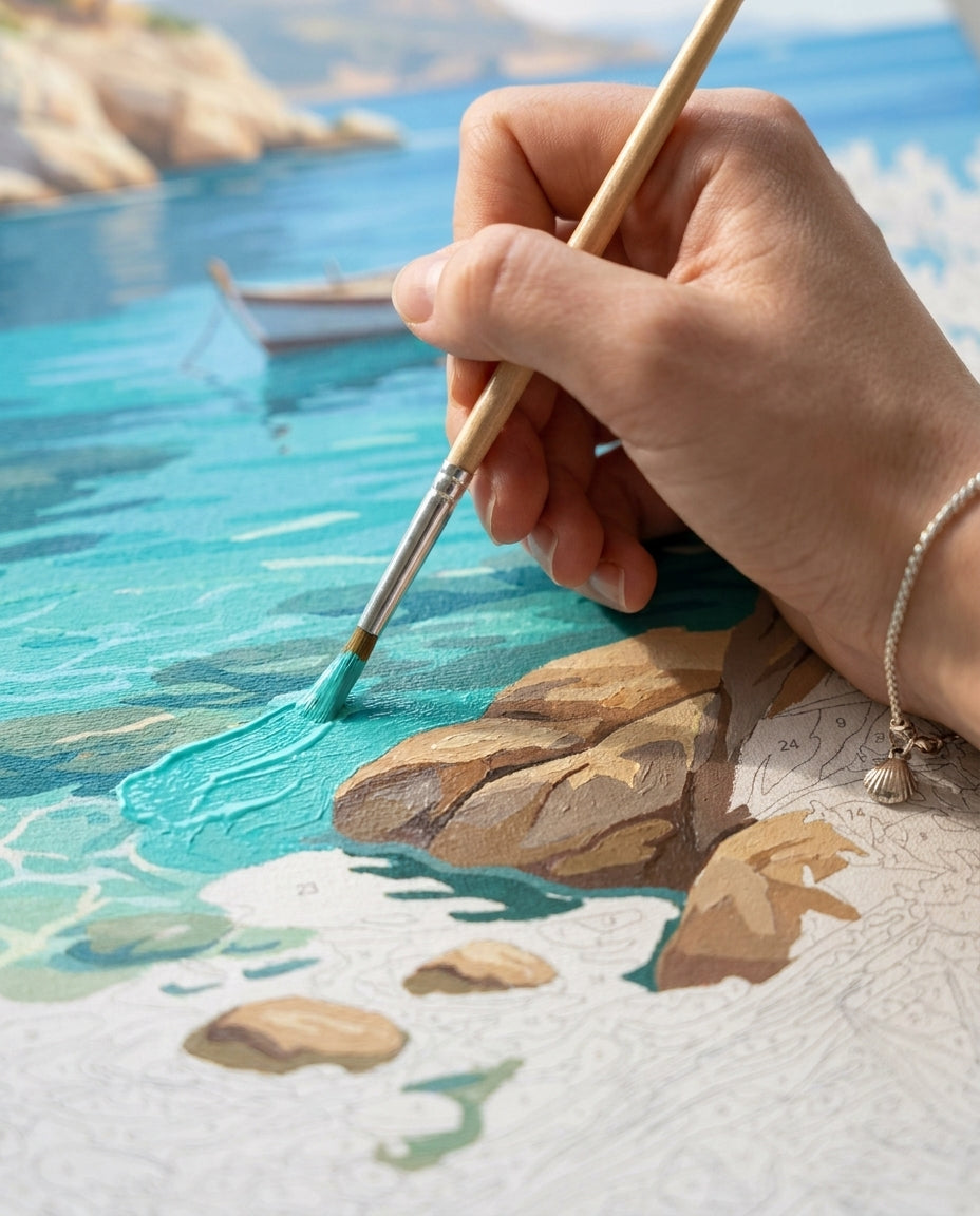 Personne qui peint une Peinture Numeros Crique Turquoise Ensoleillée