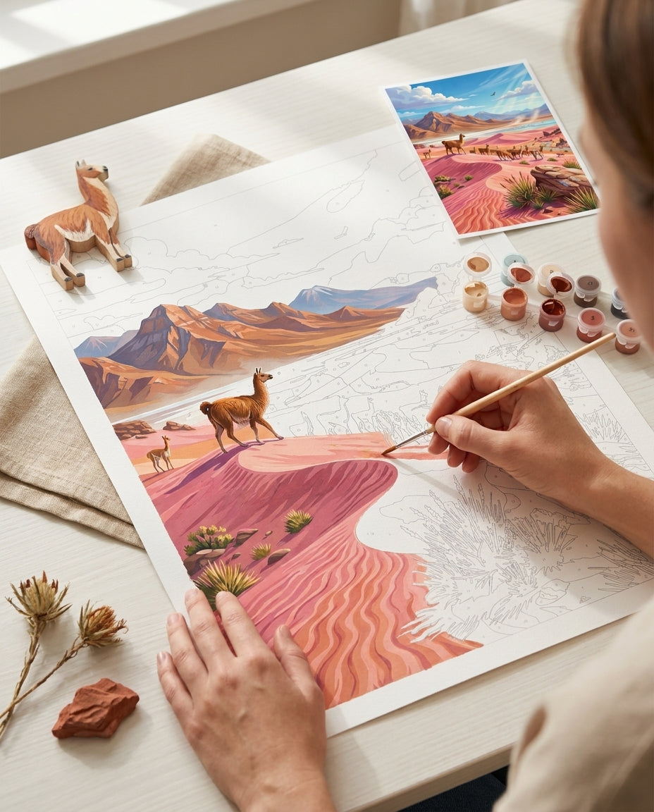 Personne qui peint une Peinture Numeros Désert Rose Llamas