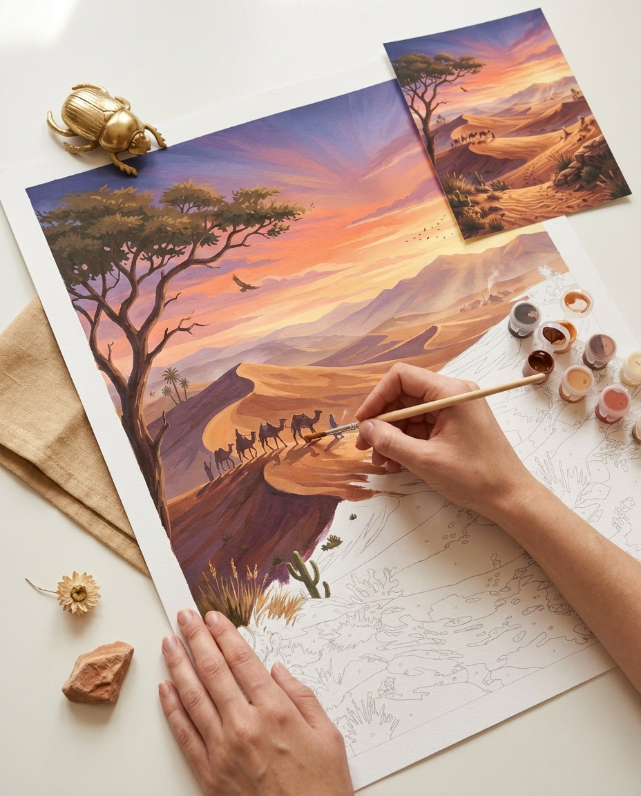 Personne qui peint une Peinture Numeros Désert au Coucher du Soleil