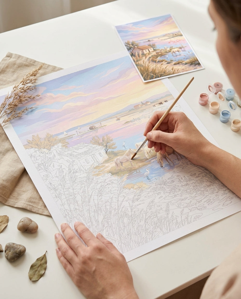 Personne qui peint une Peinture Numeros Paysage Camargue Crépuscule