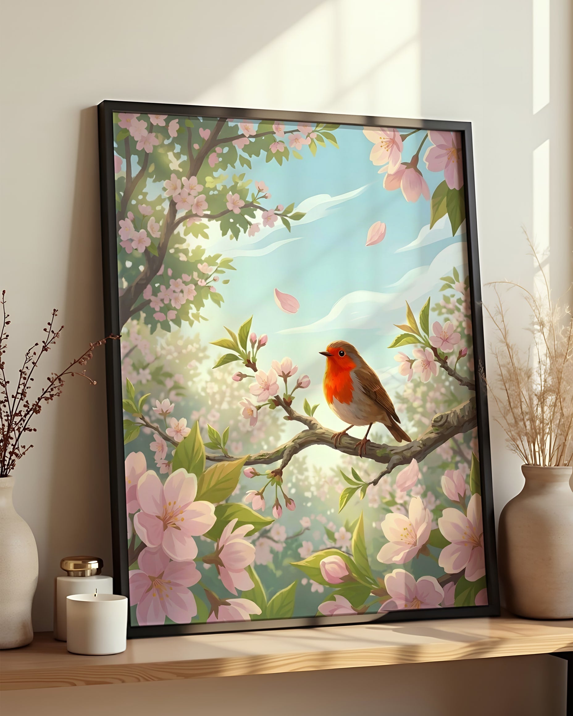 Résultat encadré - Kit peinture par numéros - Rouge Gorge Fleurs de Cerisier
