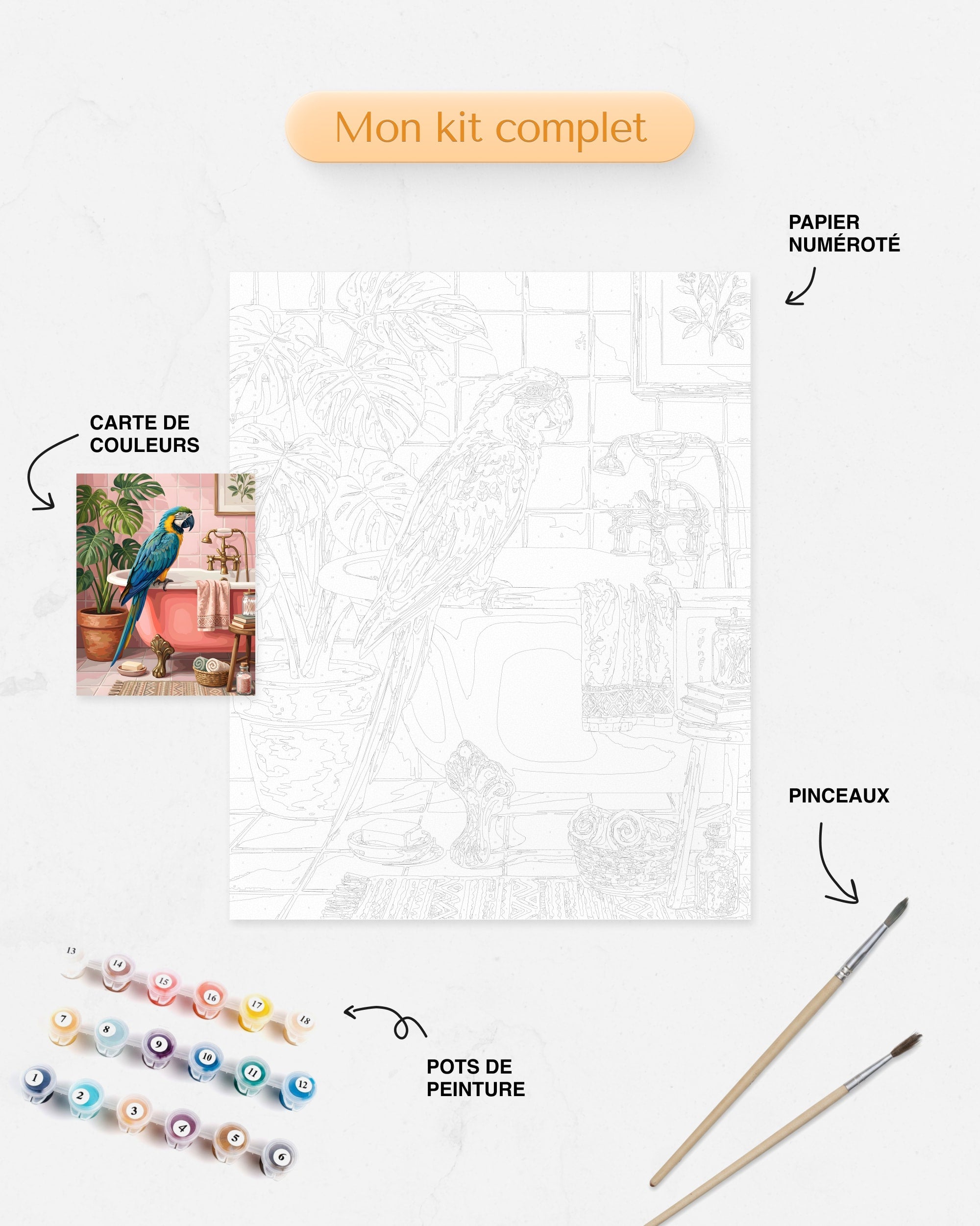 Détails du Kit complet de Peinture par Numéros Perroquet Salle de Bain