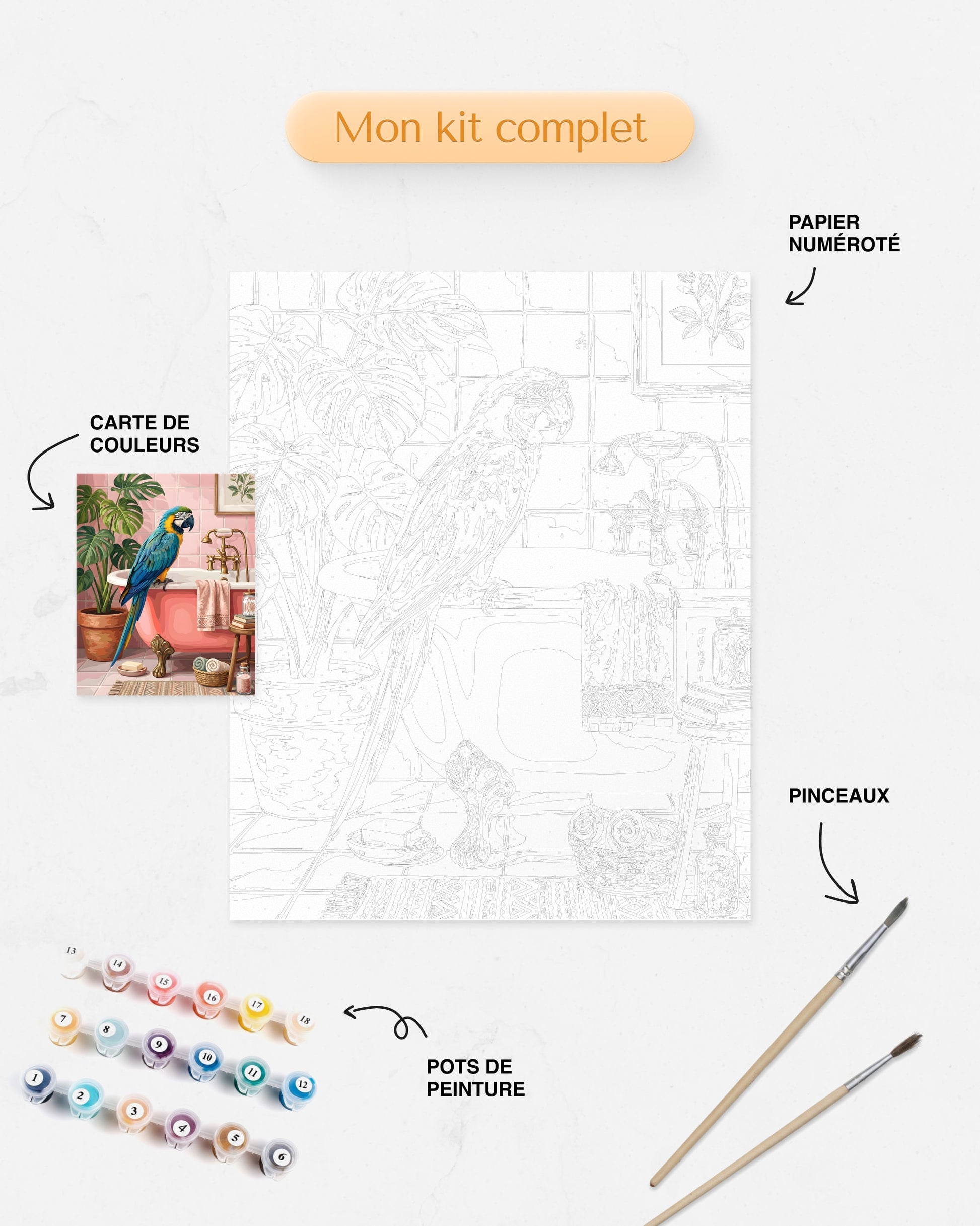 Détails du Kit complet de Peinture par Numéros Perroquet Salle de Bain