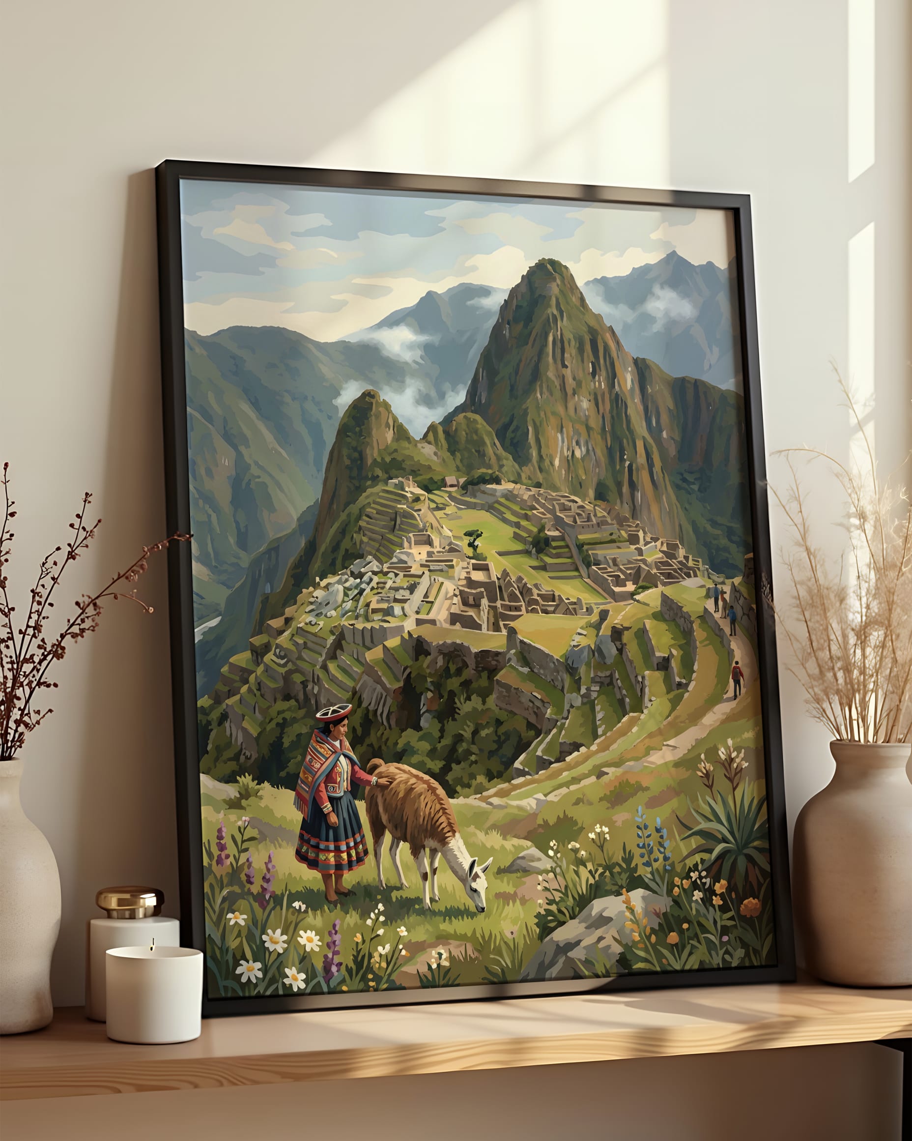 Résultat encadré - Kit peinture par numéros - Machu Picchu Pérou Llama