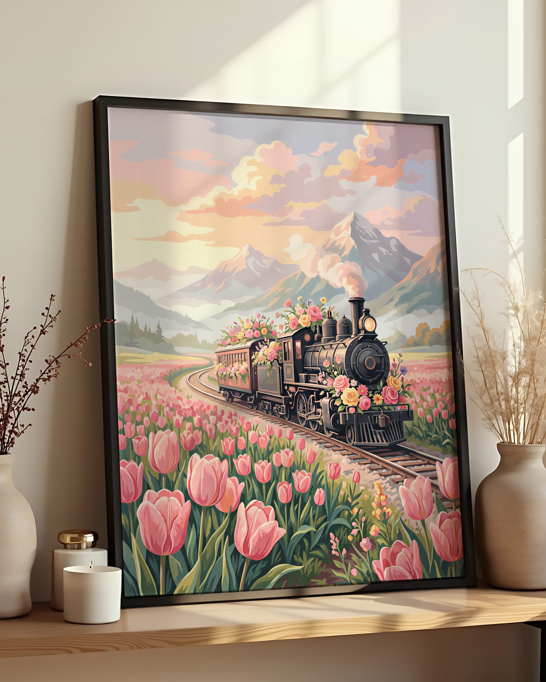 Cadre Peinture par Numéros Nature - Train fleuri pastel