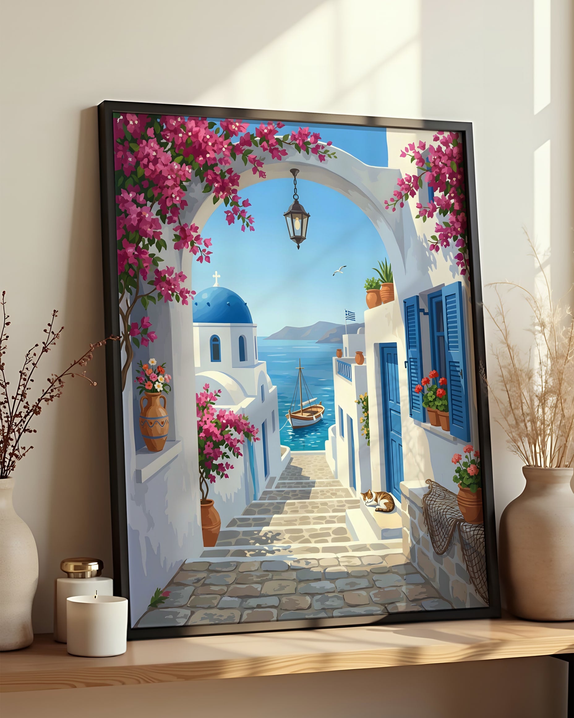 Résultat encadré - Kit peinture par numéros Village Grec Méditerranéen