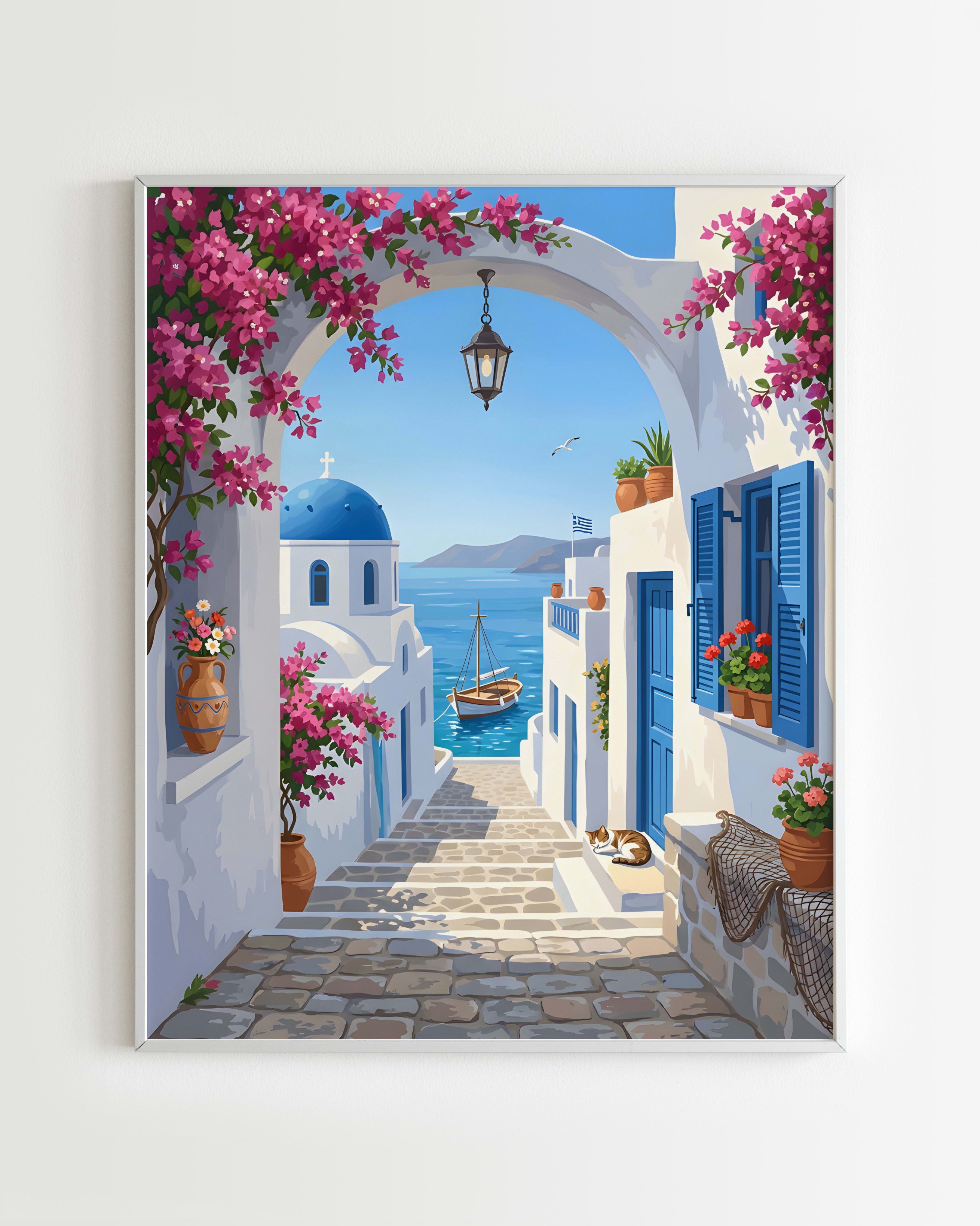 Kit peinture par numéros - Village Grec Méditerranéen, façades bleues et blanches 40x50cm