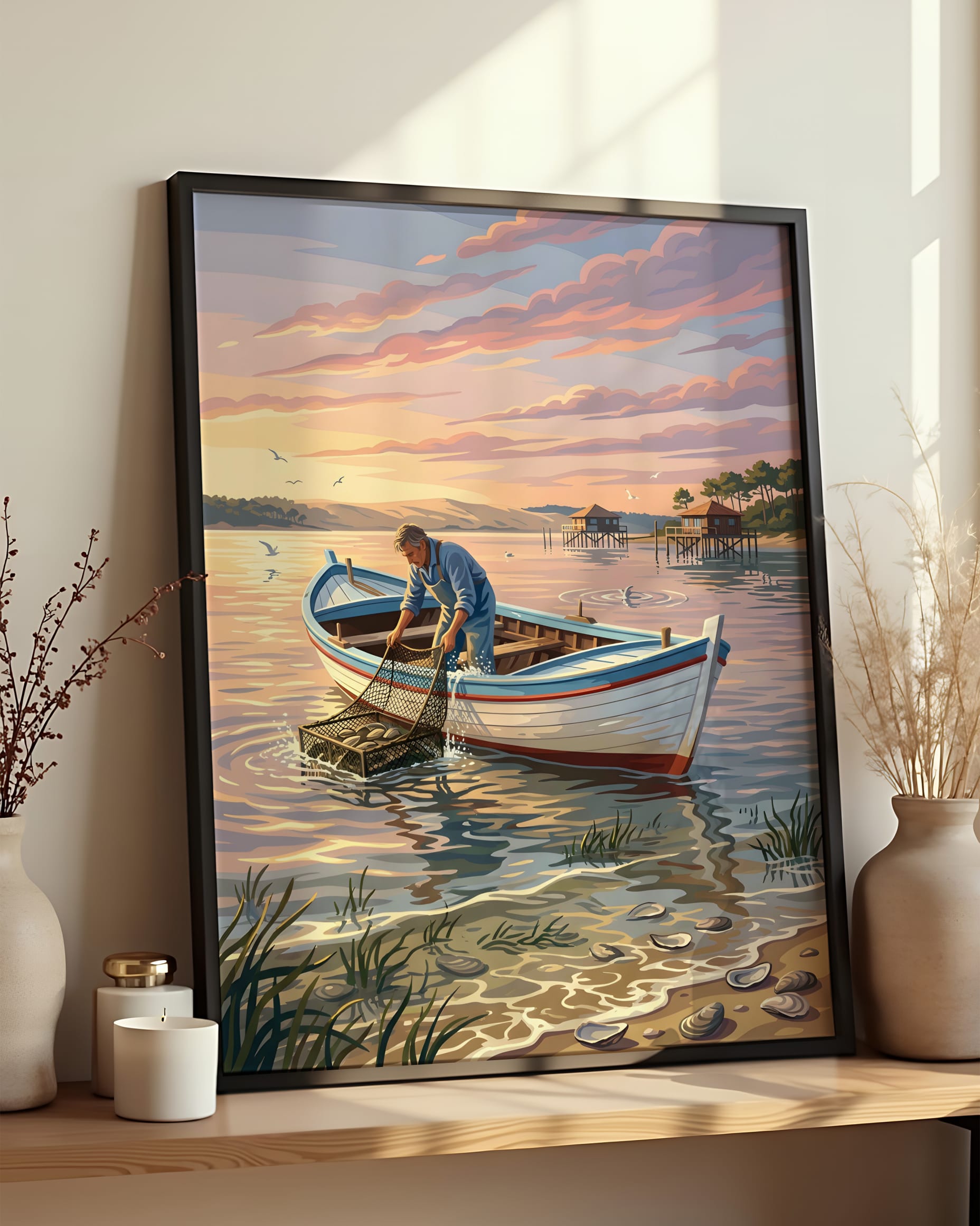 Résultat encadré - Kit peinture par numéros - Pêcheur Bassin Arcachon