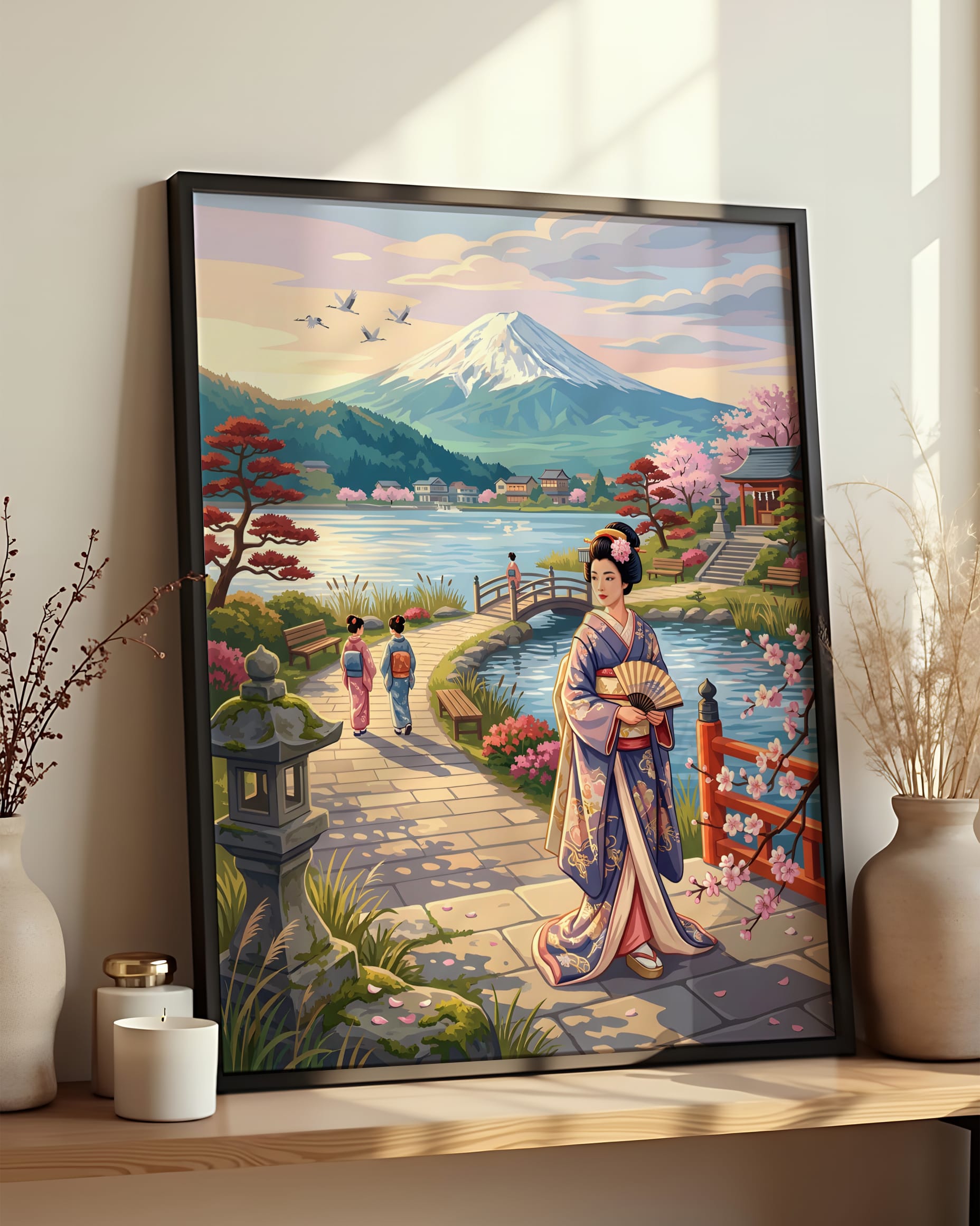 Résultat encadré - Kit peinture par numéros - Geisha au Mont Fuji