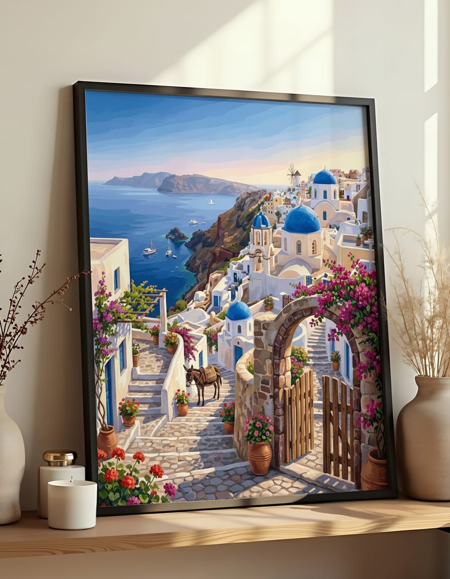 Résultat encadré - Kit peinture par numéros Santorin Village Grec