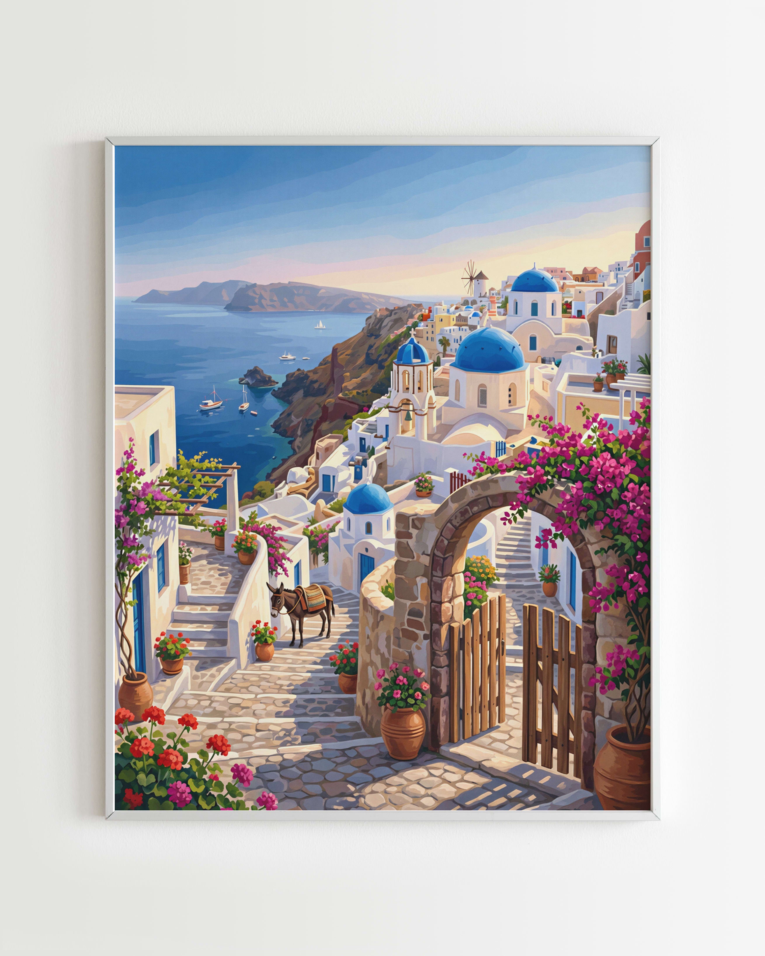 Kit peinture par numéros - Santorin Village Grec, maisons blanches et dômes bleus 40x50cm