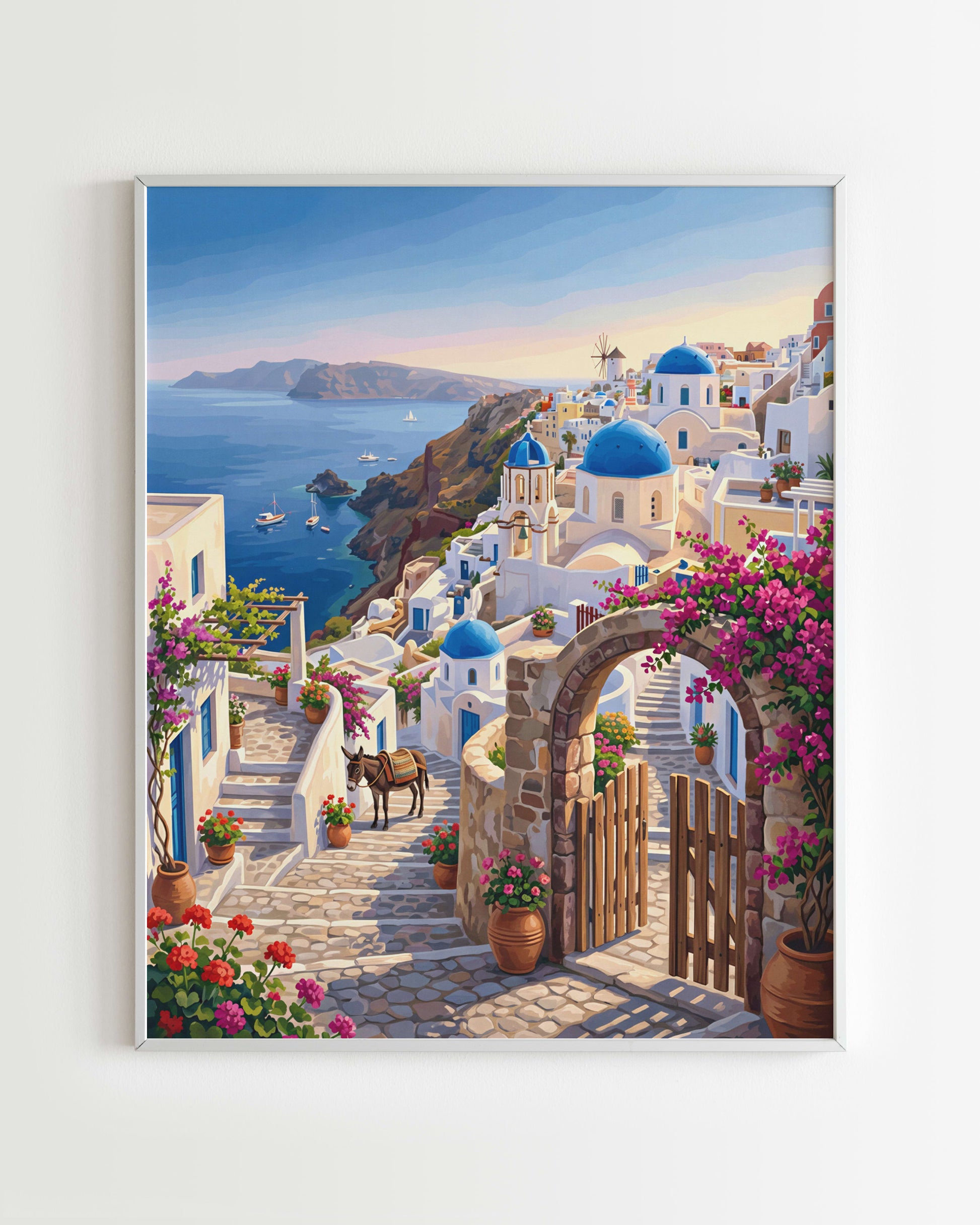 Kit peinture par numéros - Santorin Village Grec, maisons blanches et dômes bleus 40x50cm