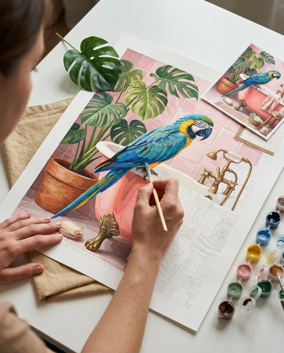 Personne qui peint une Peinture Numeros Perroquet Bleu au Bain
