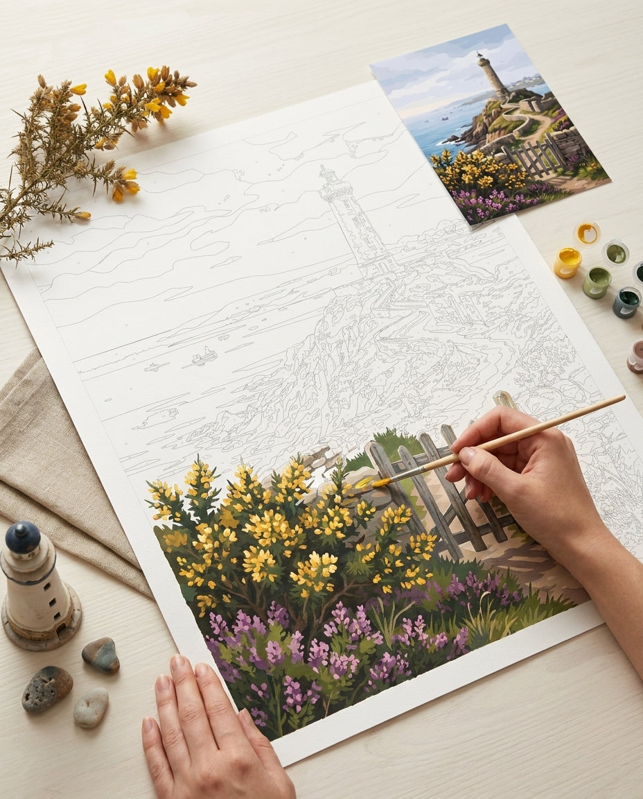 Personne qui peint une Peinture Numeros Phare Côtier Breton