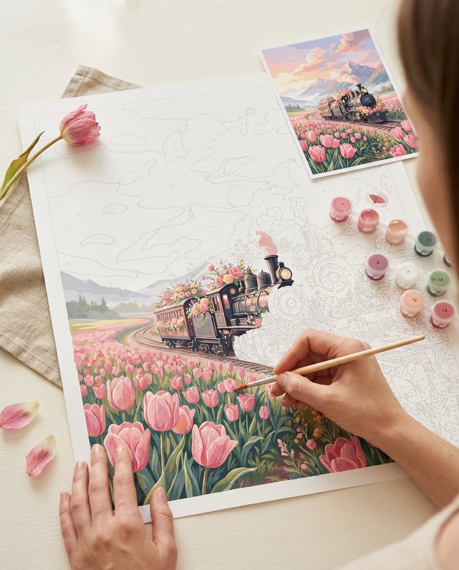 Personne qui peint une Peinture Numeros Train fleuri pastel