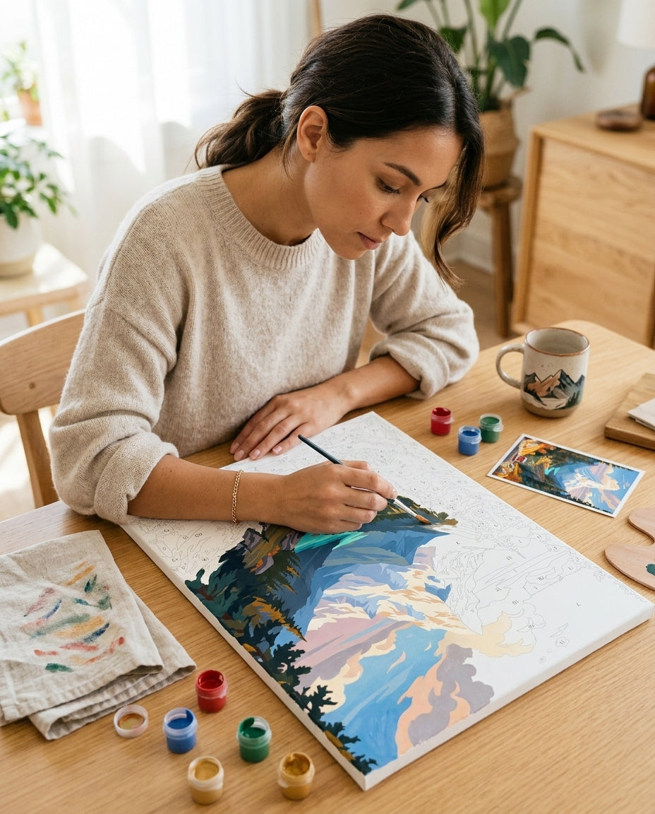 Personne qui peint une Peinture Numeros Échappée en Montagne