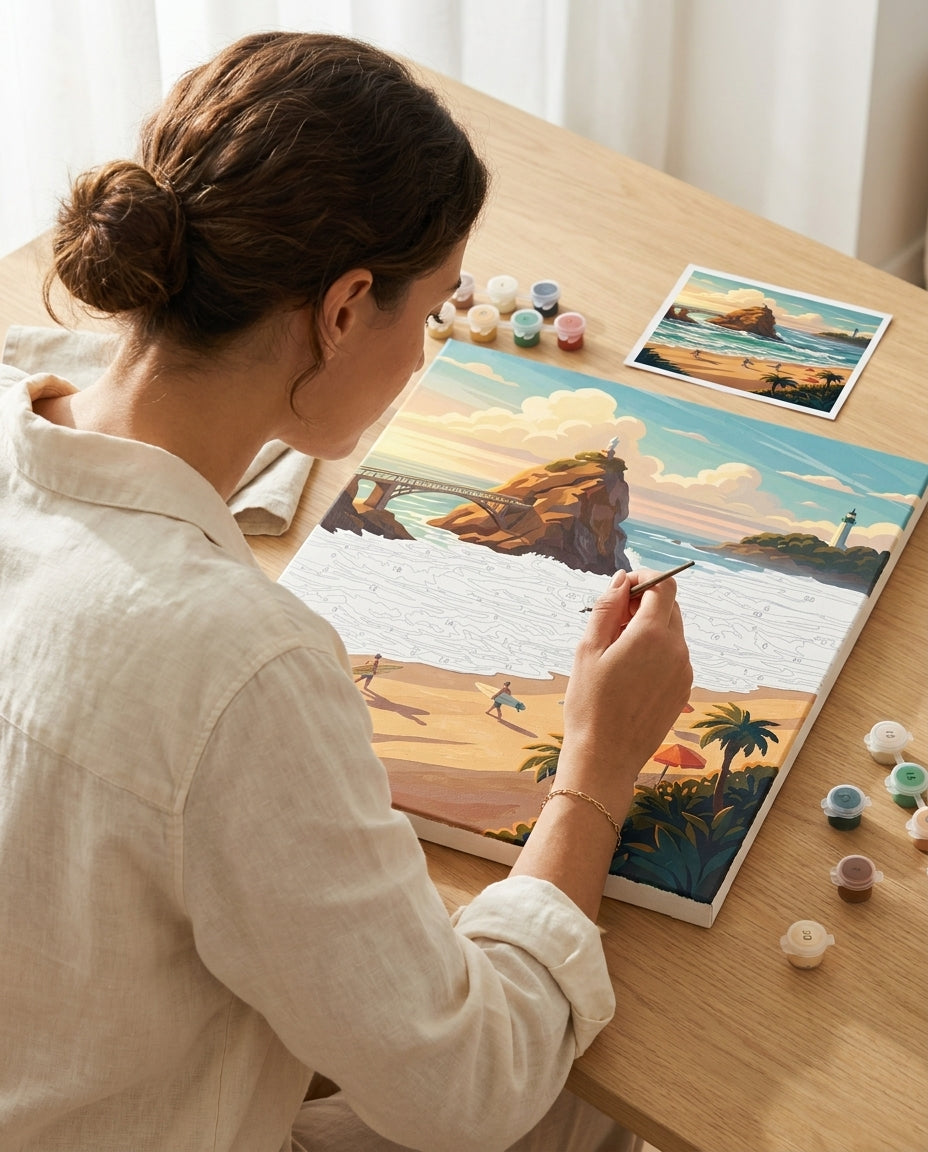 Personne qui peint une Peinture Numeros Couché de soleil à Biarritz
