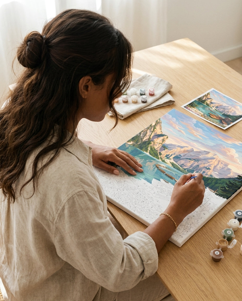 Personne qui peint une Peinture Numeros Lac des Dolomites