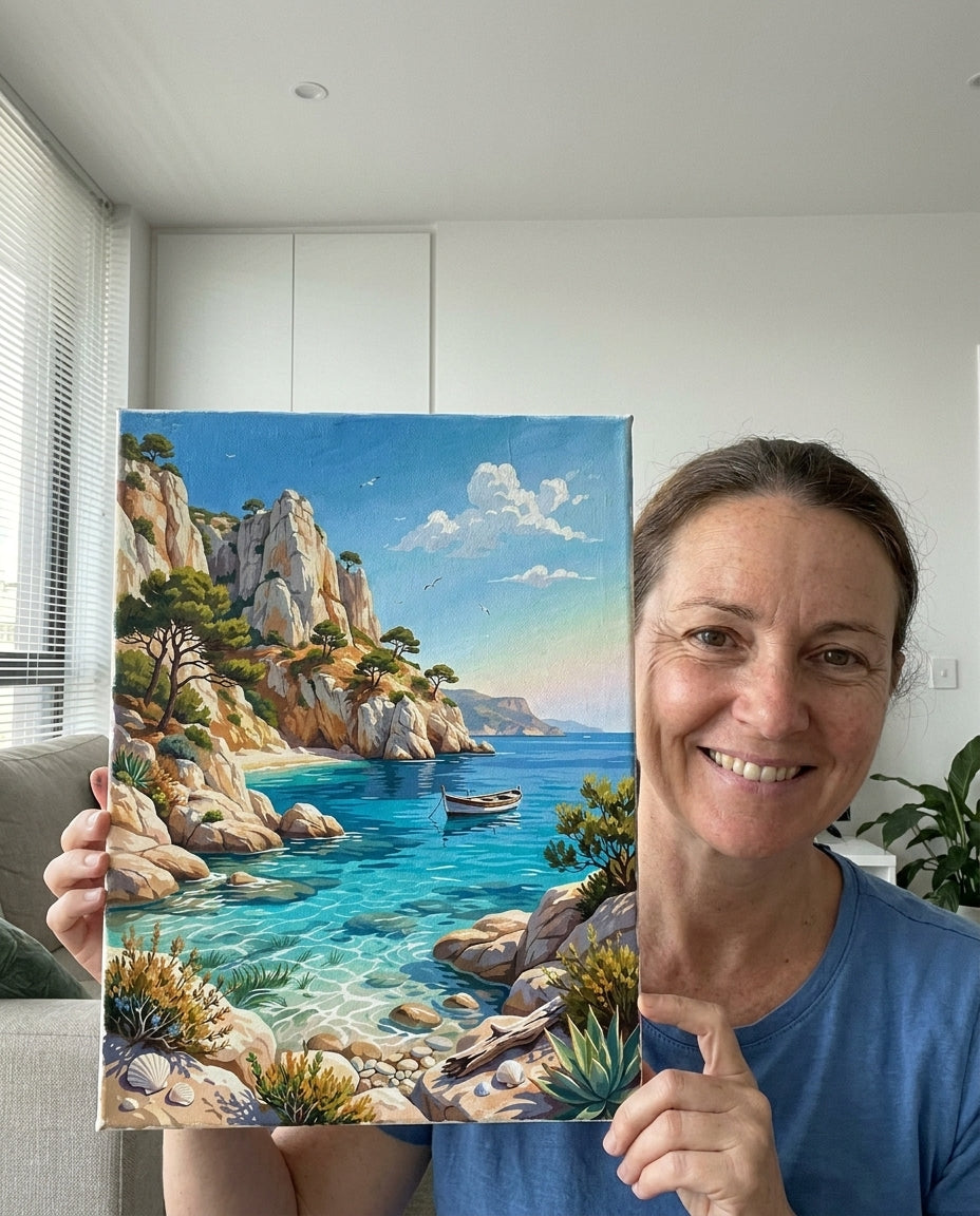Personne qui peint une Peinture Numeros Calanques ensoleillées de Marseille