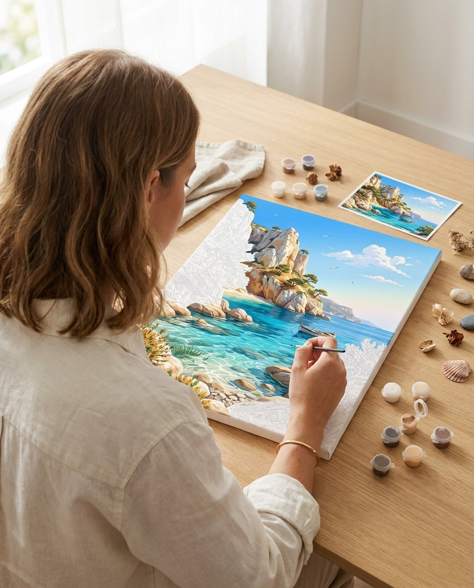 Personne qui peint une Peinture Numeros Calanques ensoleillées de Marseille