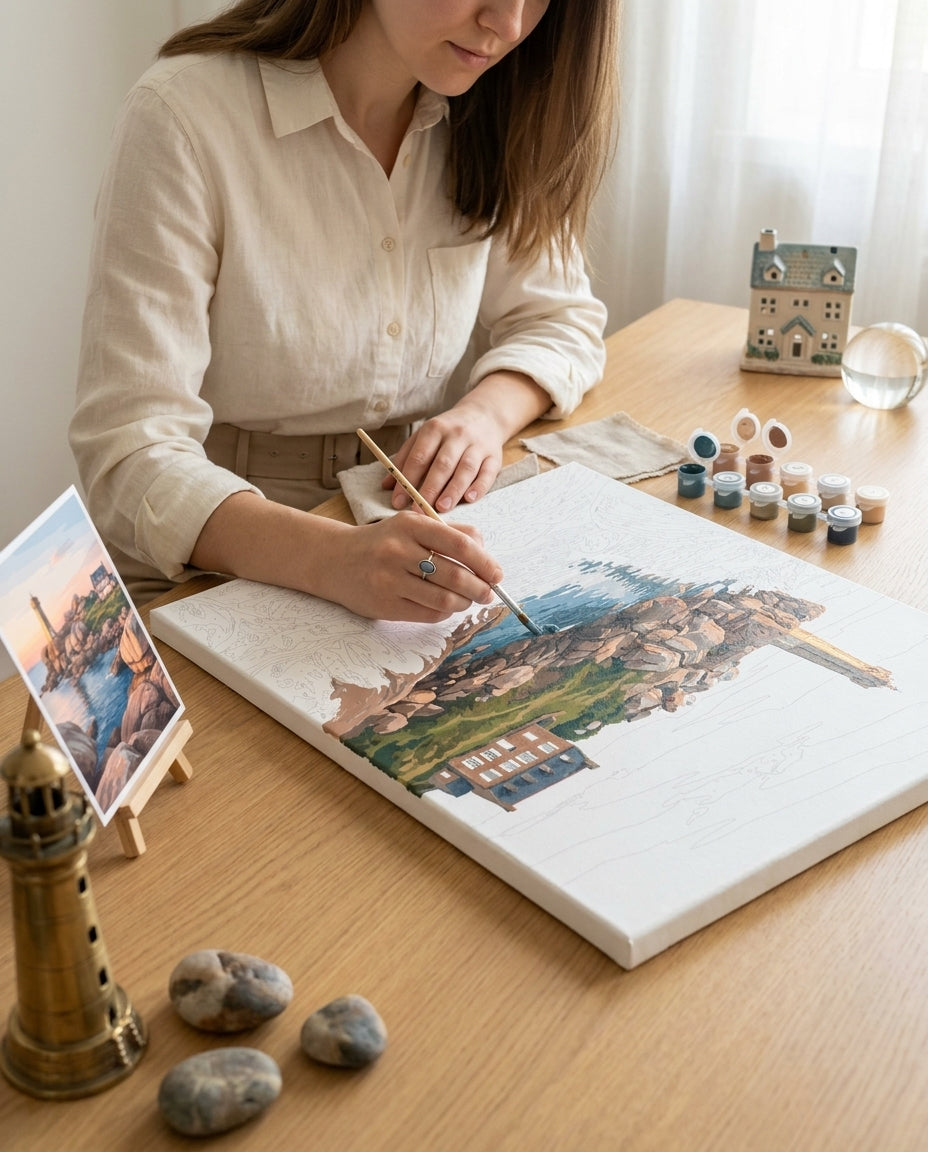Personne qui peint une Peinture Numeros Côte de Granite Rose