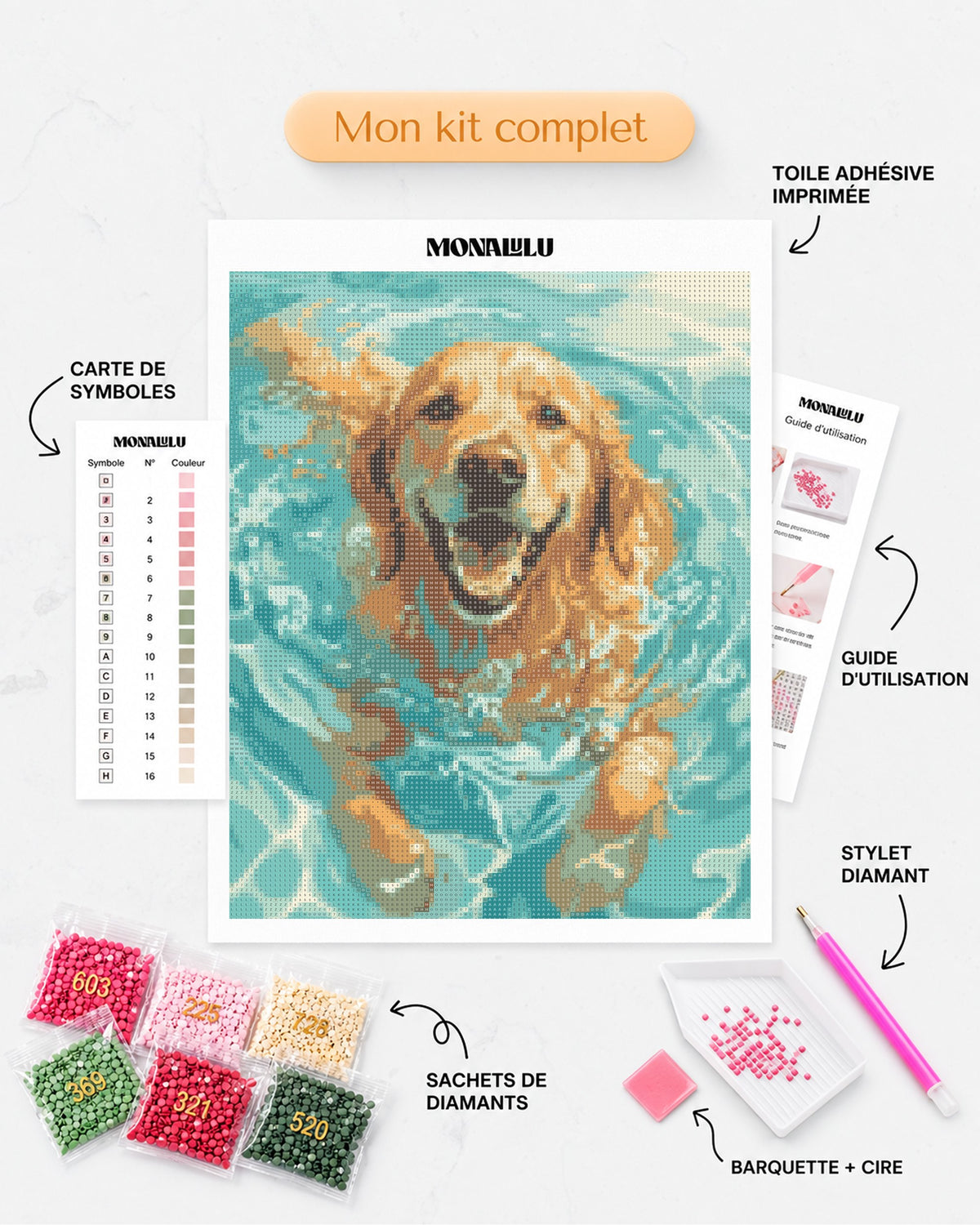 Détails du Kit complet de Diamond Painting - Golden Retriever Nageur