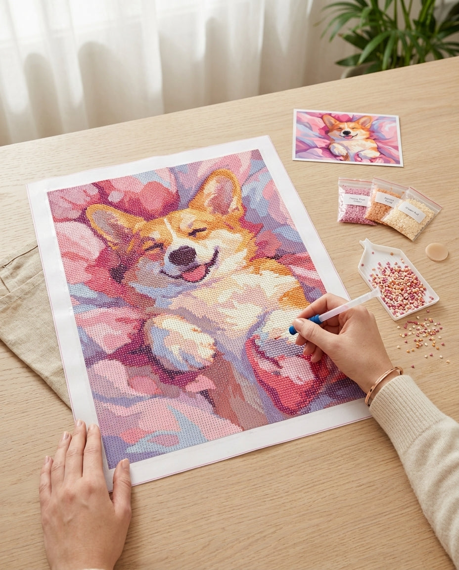Diamond Painting Corgi en Cocon en cours de réalisation, vue du dessus du plan de travail