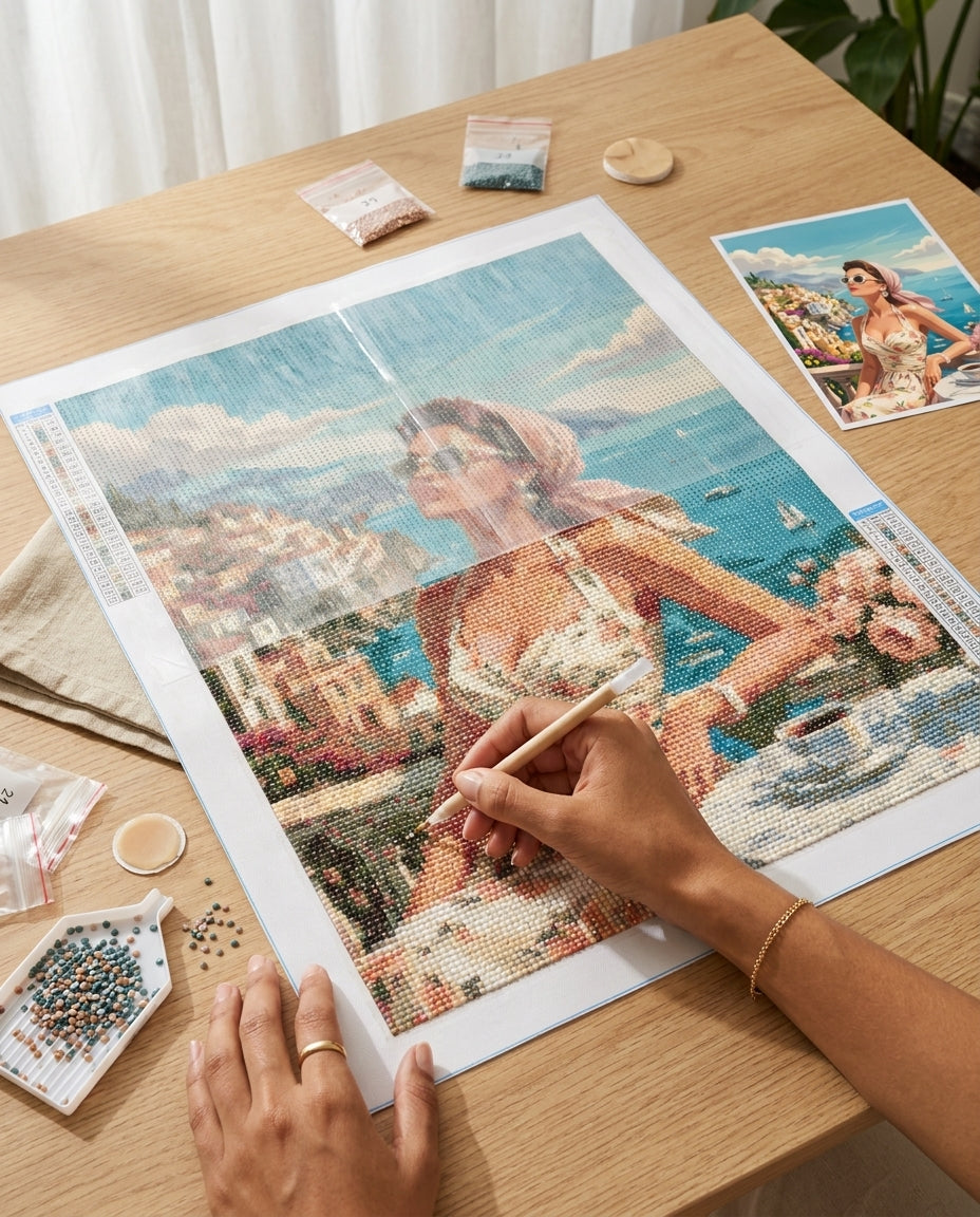 Diamond Painting Dolce Vita Amalfi en cours de réalisation, vue du dessus du plan de travail