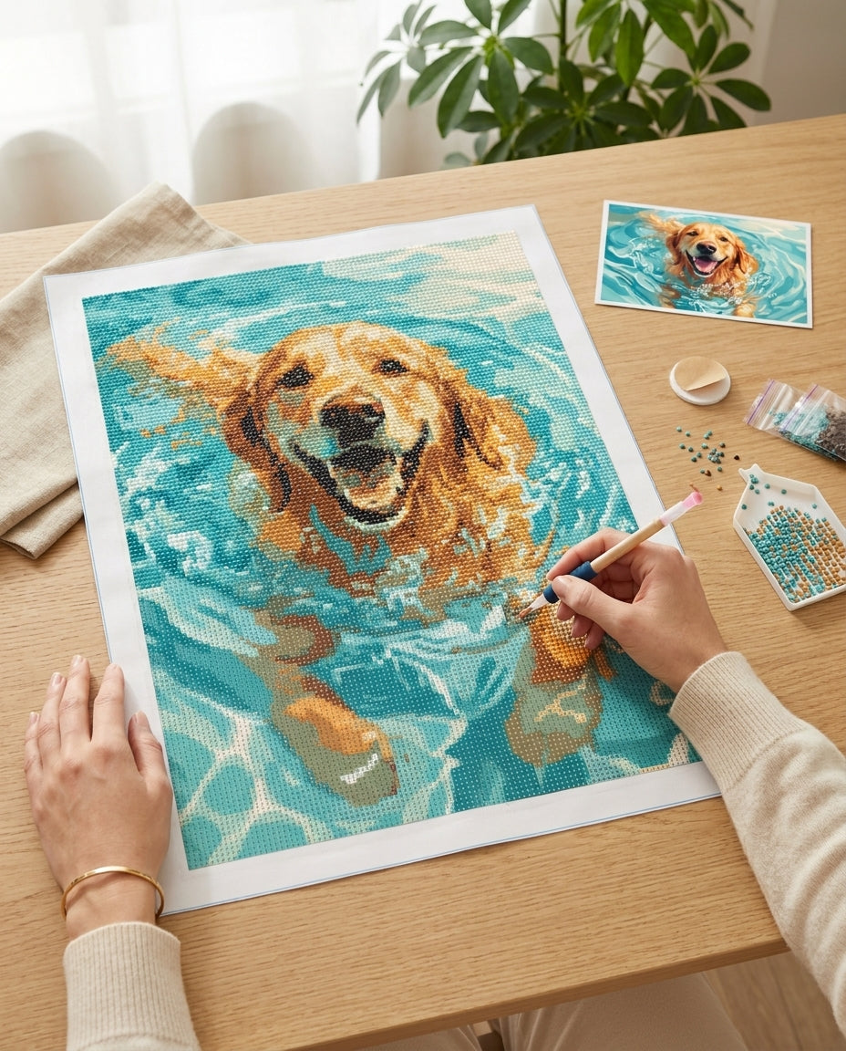Diamond Painting Golden Retriever Nageur en cours de réalisation, vue du dessus du plan de travail