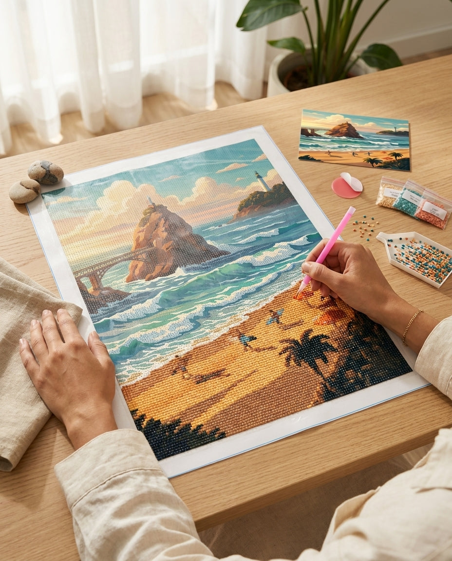 Diamond Painting Plage de Biarritz en cours de réalisation, vue du dessus du plan de travail