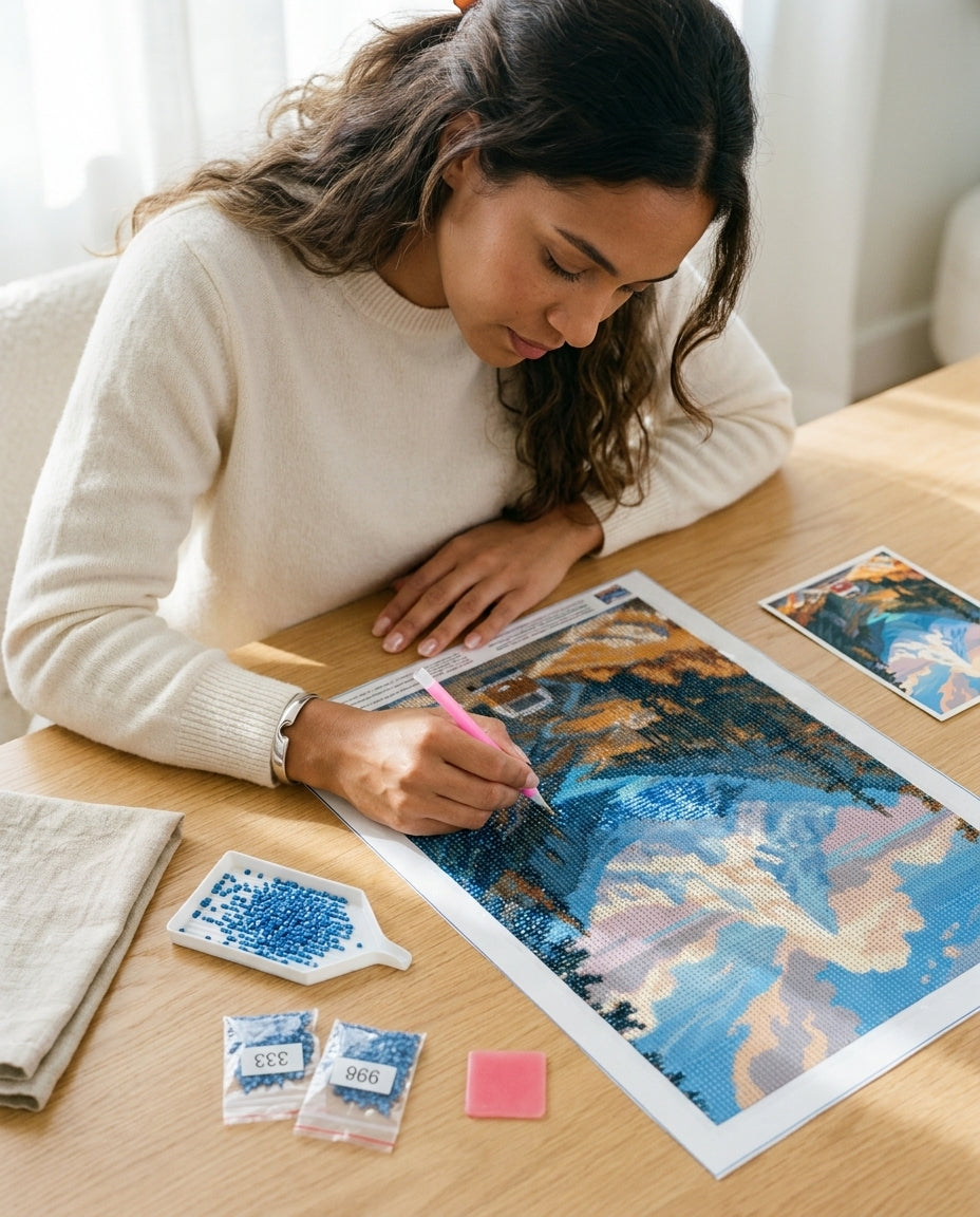 Personne réalisant le Diamond Painting Van Rétro Montagne, vue de face