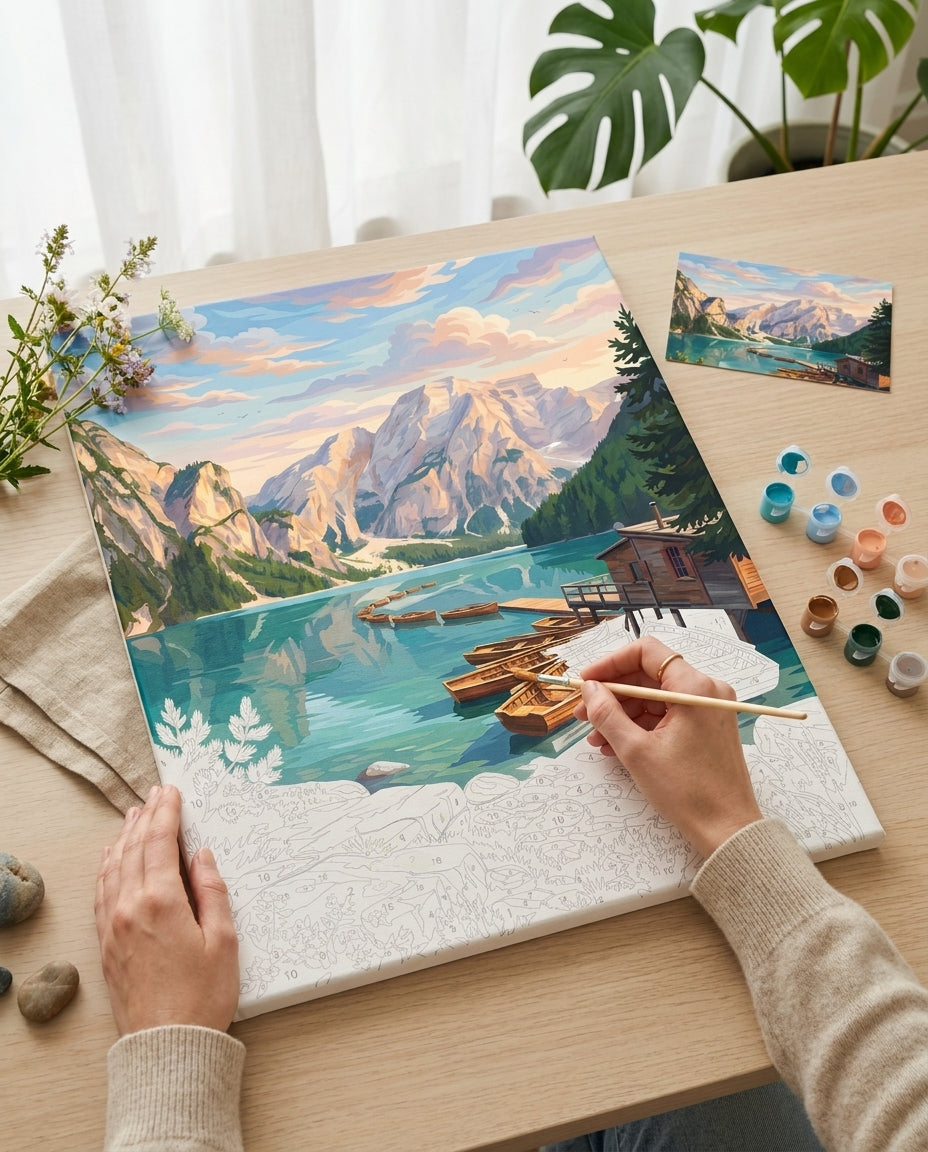 Personne qui peint une Peinture Numeros Lac des Dolomites