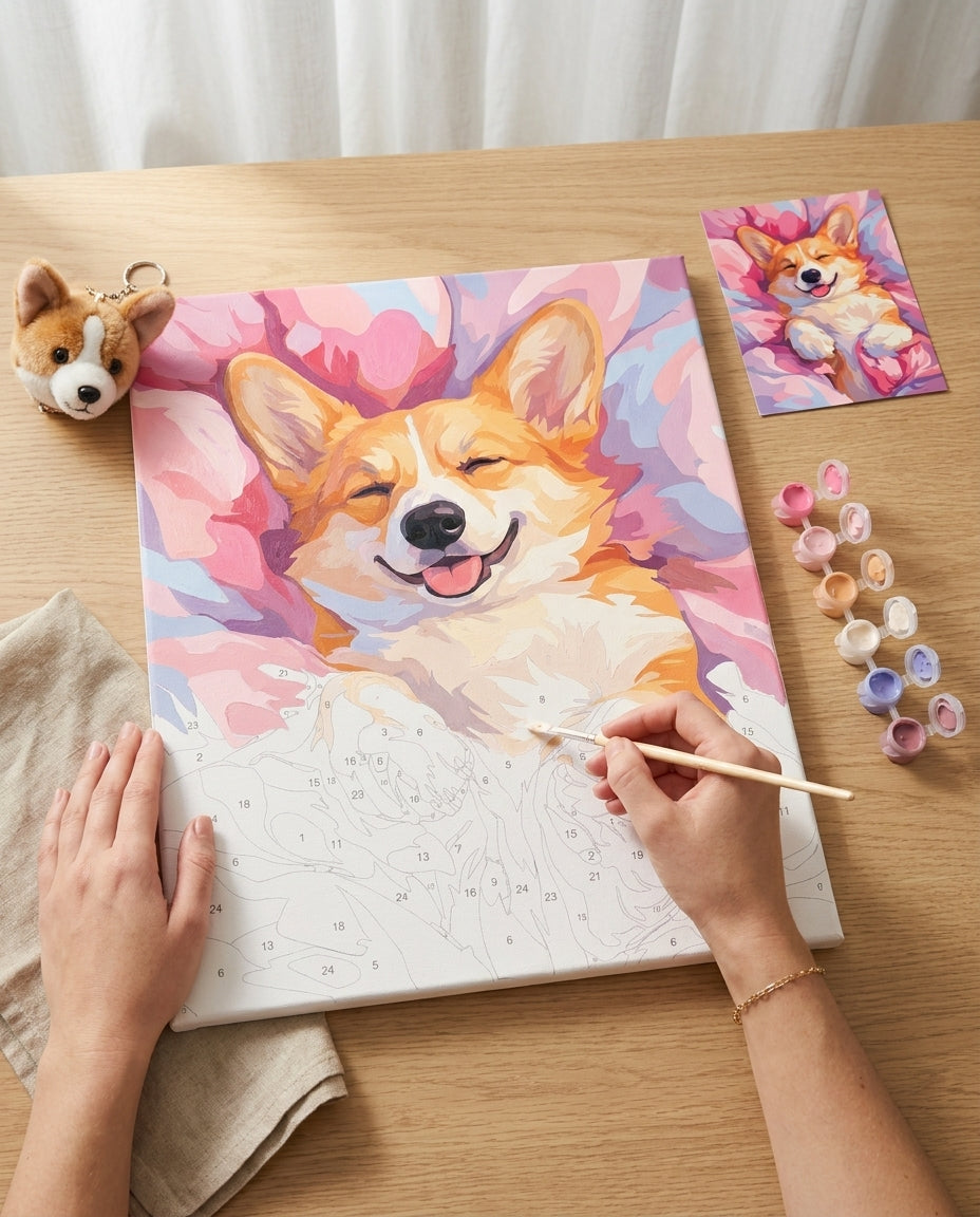 Personne qui peint une Peinture Numeros Corgi en Cocon