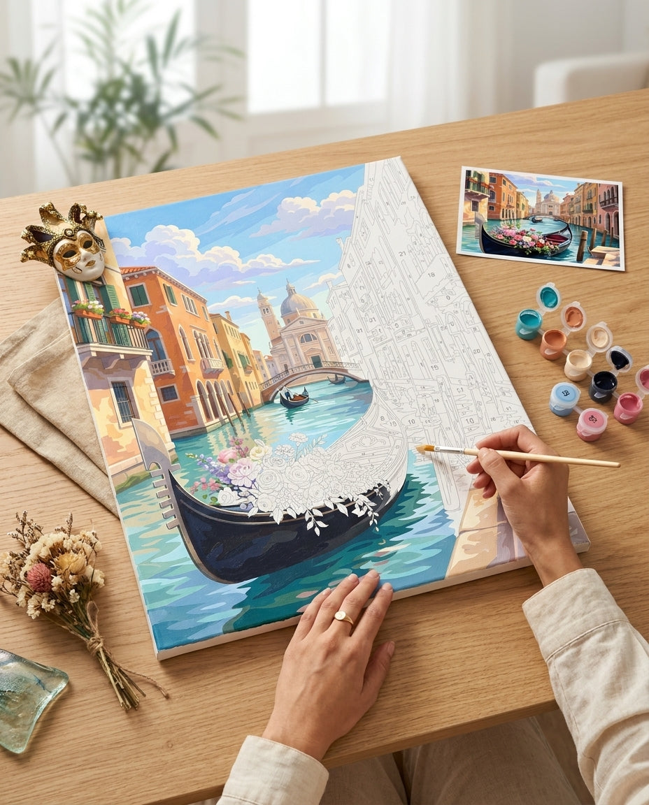 Personne qui peint une Peinture Numeros Gondole fleurie à Venise