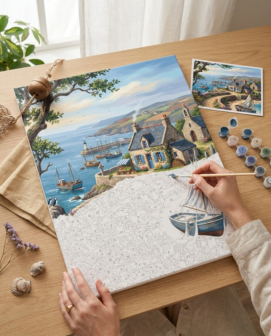Peinture par Numéros Village Côtier Breton Monalulu en cours de réalisation