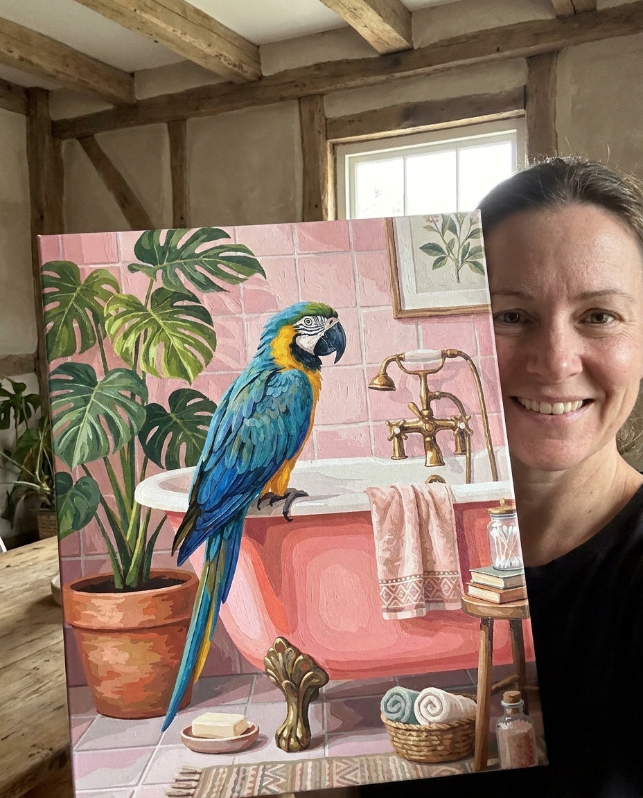 Personne qui peint une Peinture Numeros Perroquet Bleu au Bain