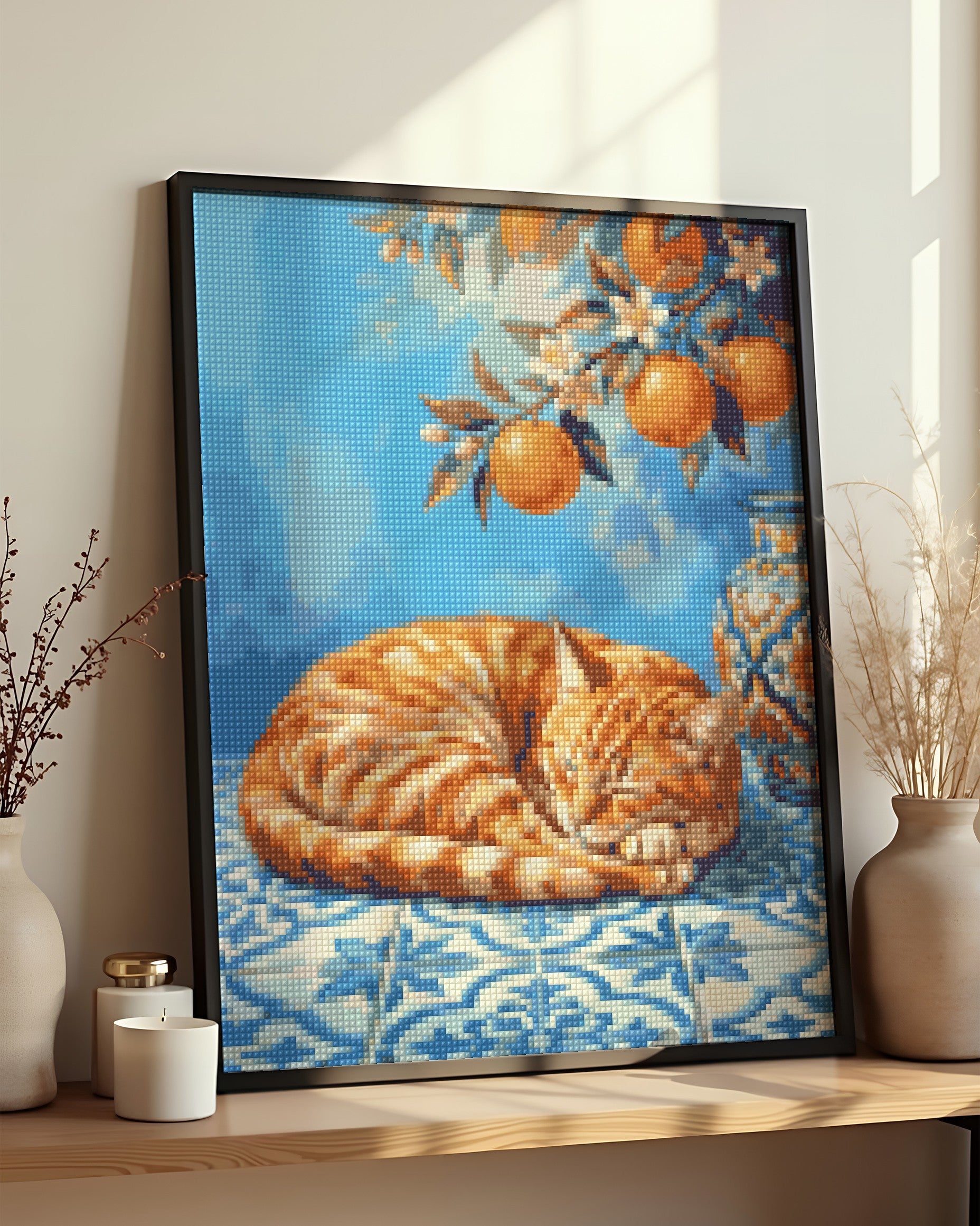 Résultat encadré - Diamond Painting - Chat Roux aux Oranges