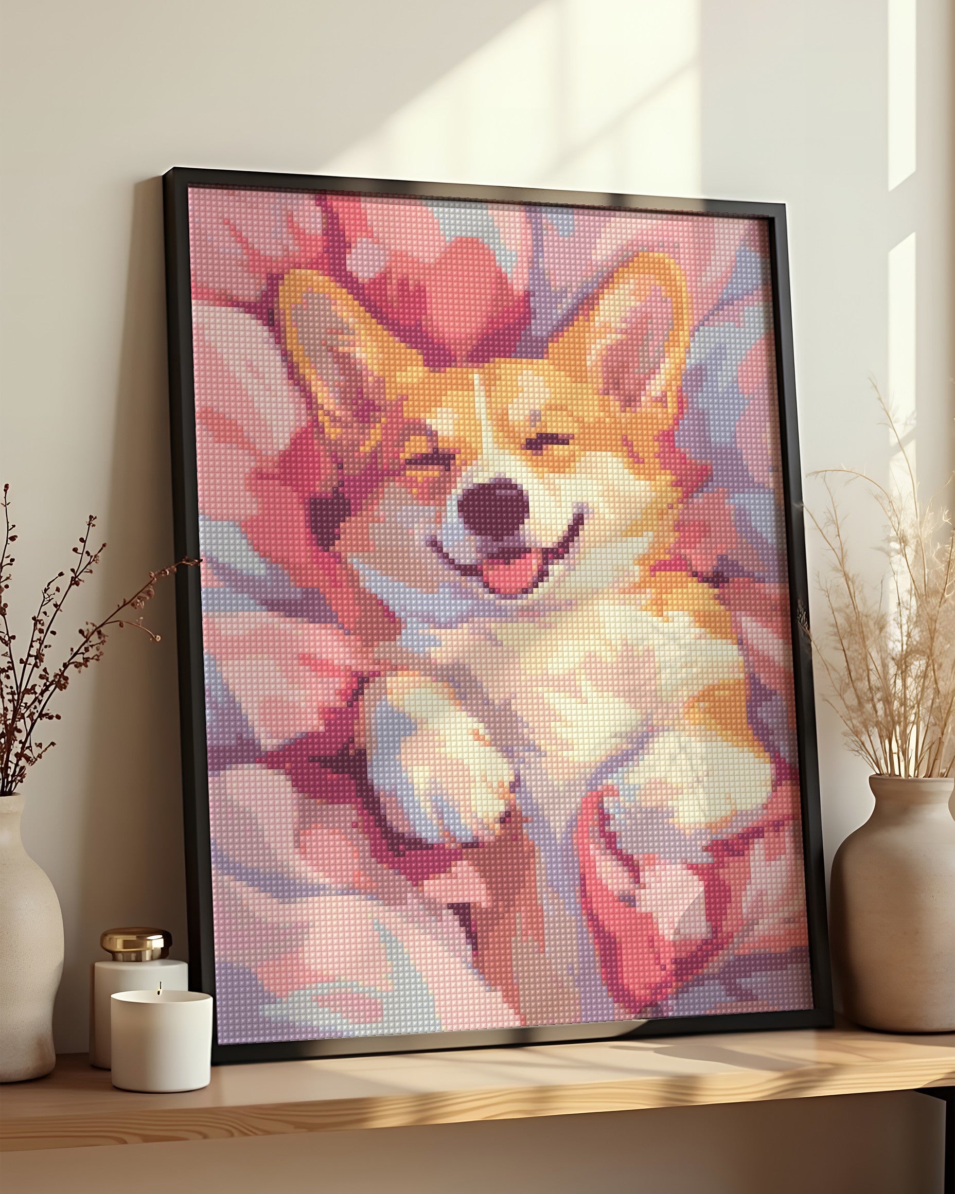 Résultat encadré - Diamond Painting - Corgi en Cocon