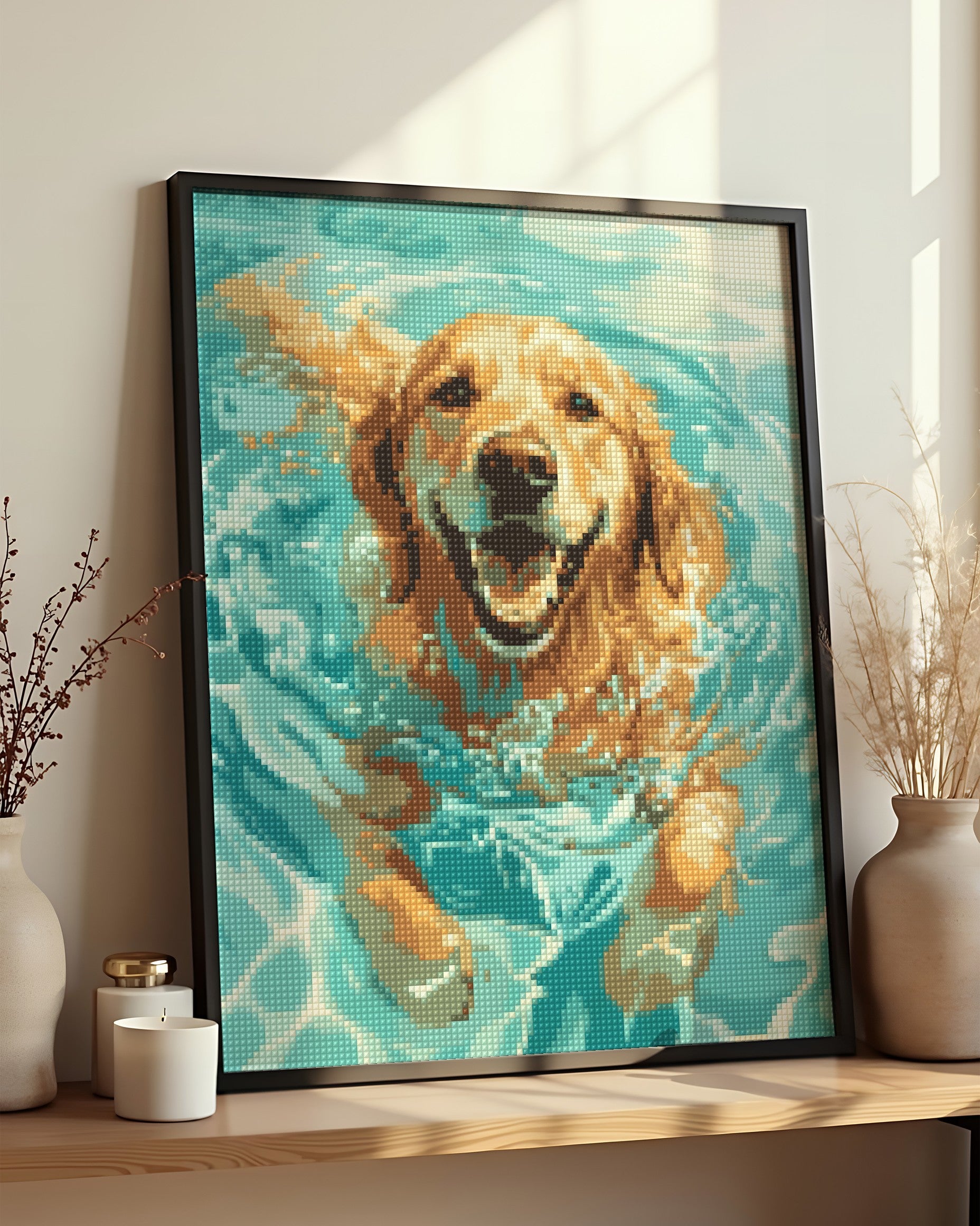 Résultat encadré - Diamond Painting - Golden Retriever Nageur