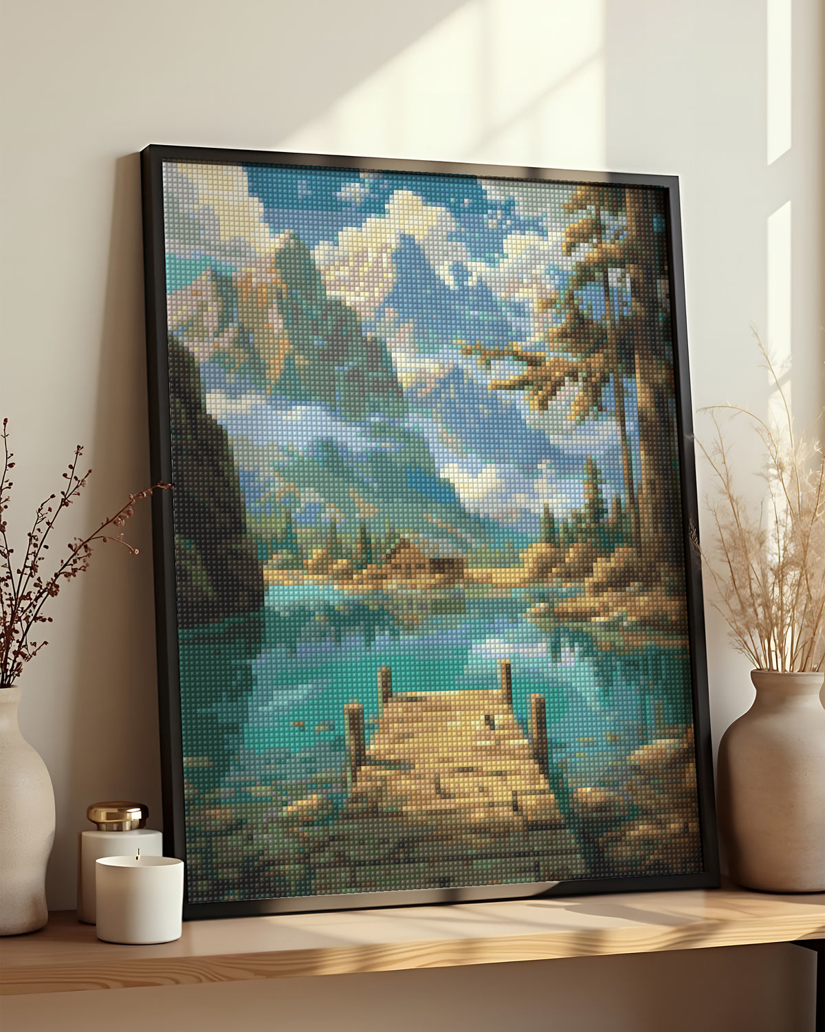 Résultat encadré - Diamond Painting - Refuge au Lac de Montagne