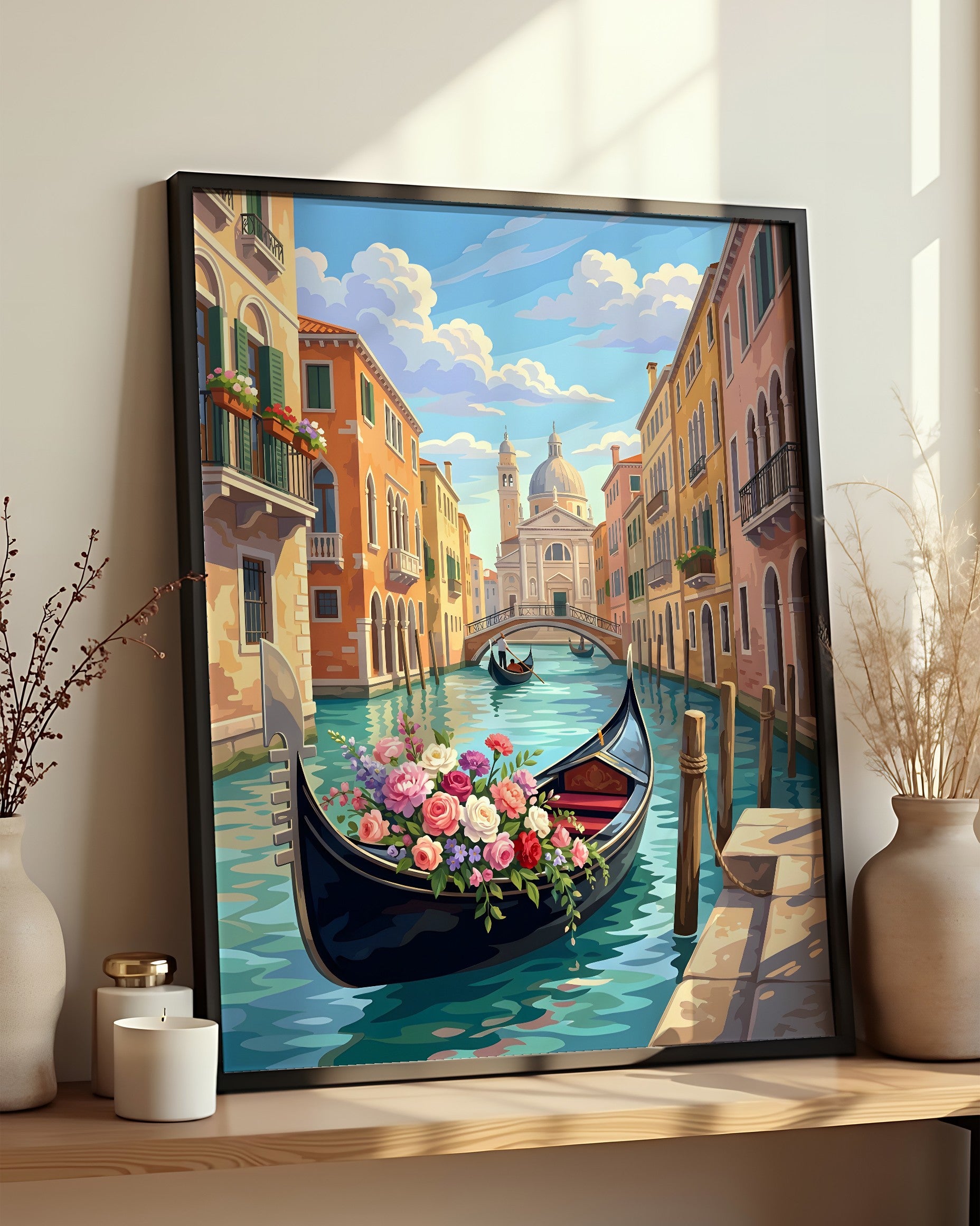 Résultat encadré - Kit Peinture par Numéros - Gondole fleurie à Venise