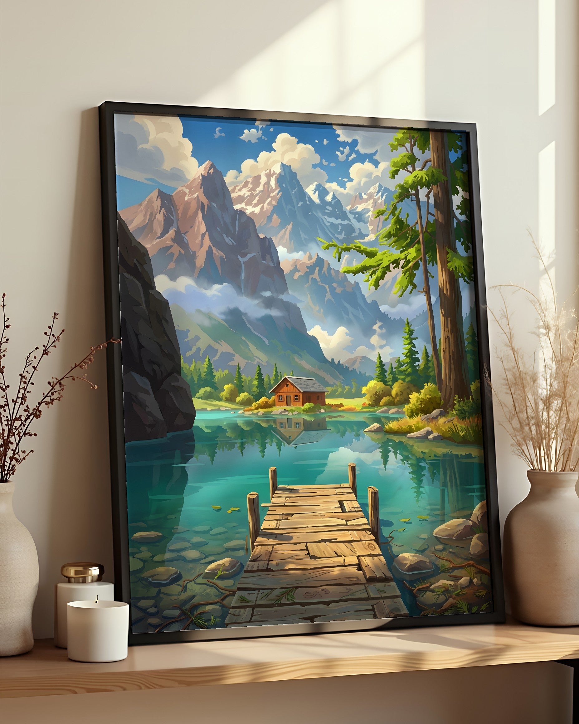 Résultat encadré - Kit Peinture par Numéros - Refuge du Lac Alpin