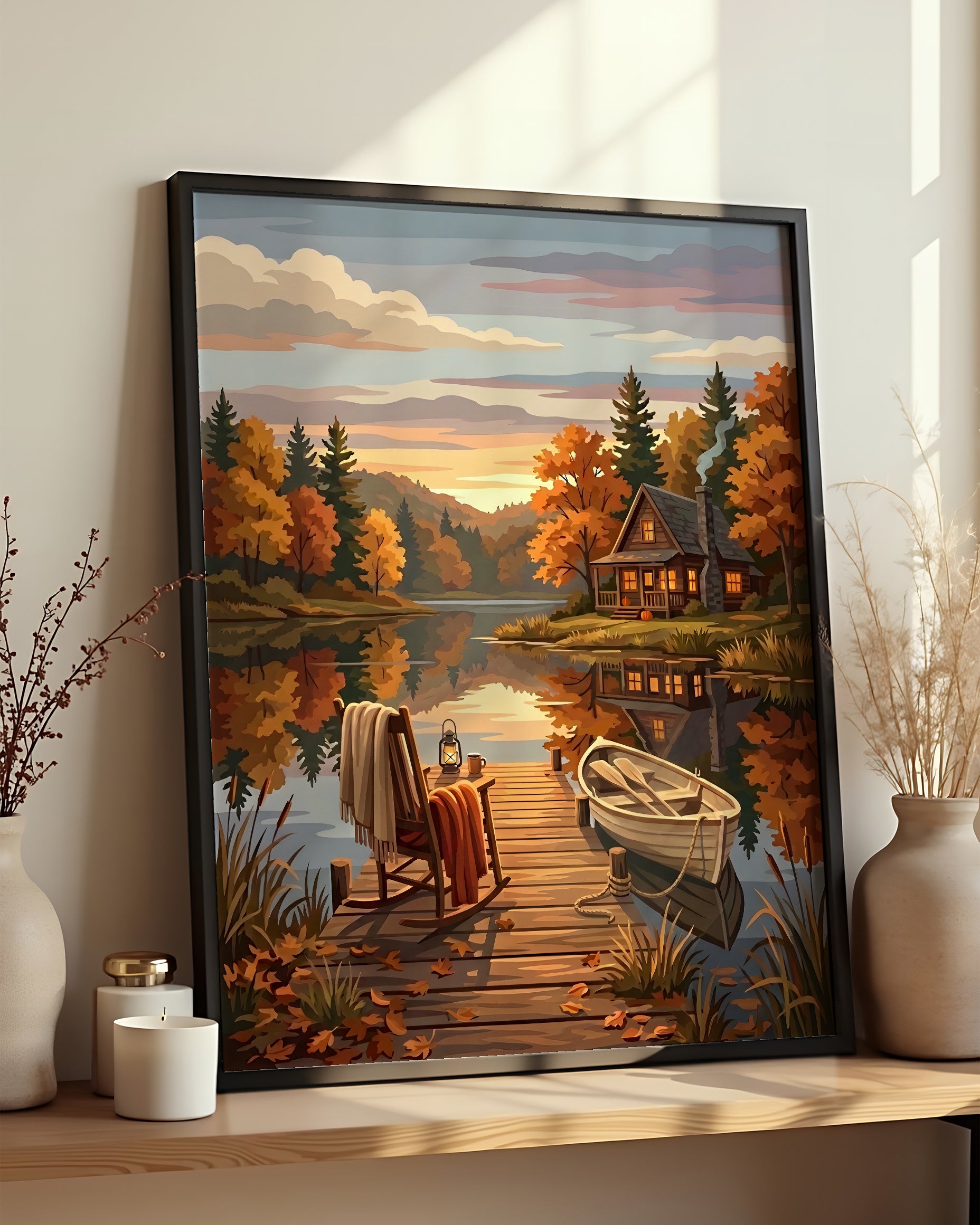 Résultat encadré - Peinture par Numéros - Chalet Canadien au Lac Automnal