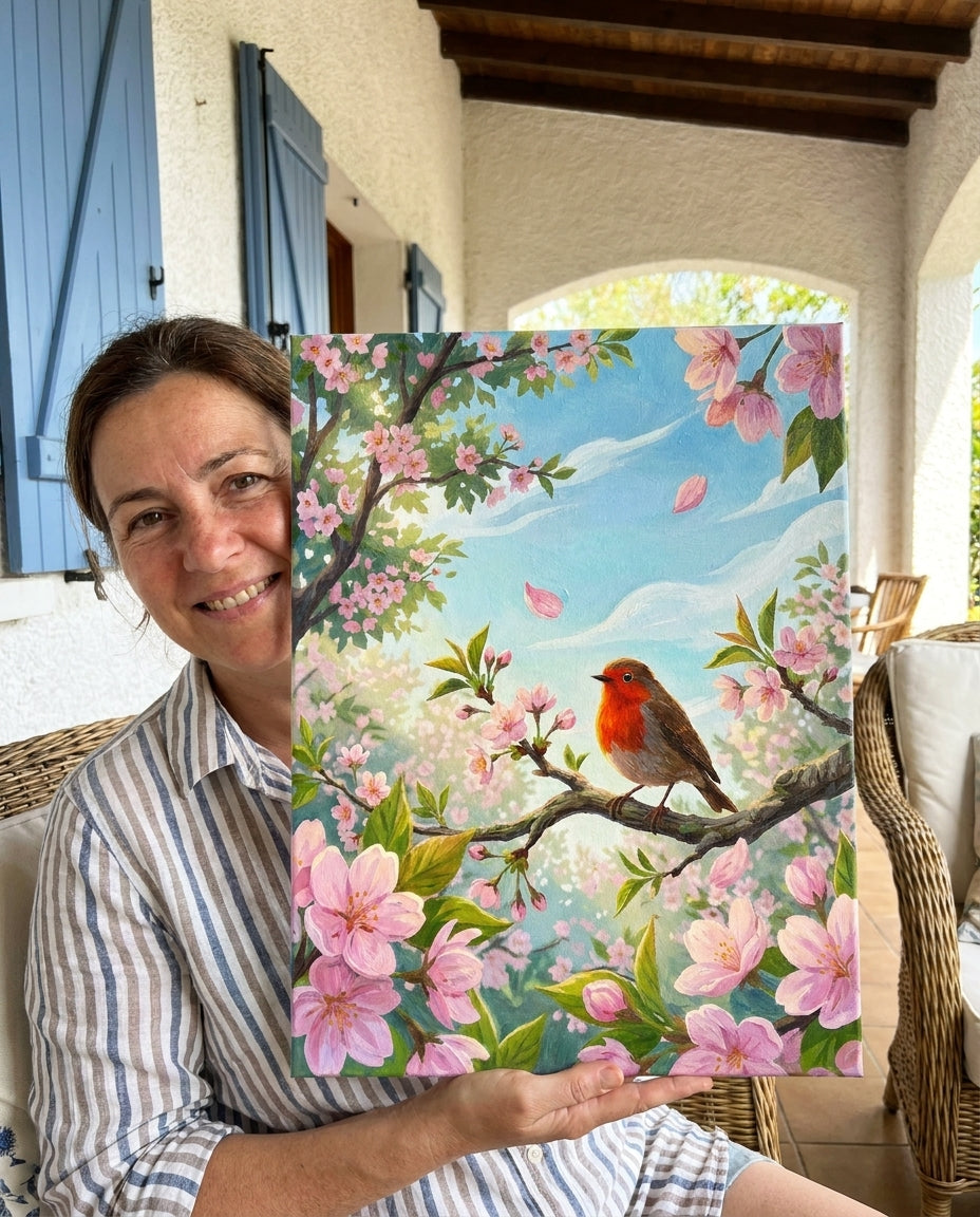Personne qui peint une Peinture Numeros Rouge-gorge dans les cerisiers